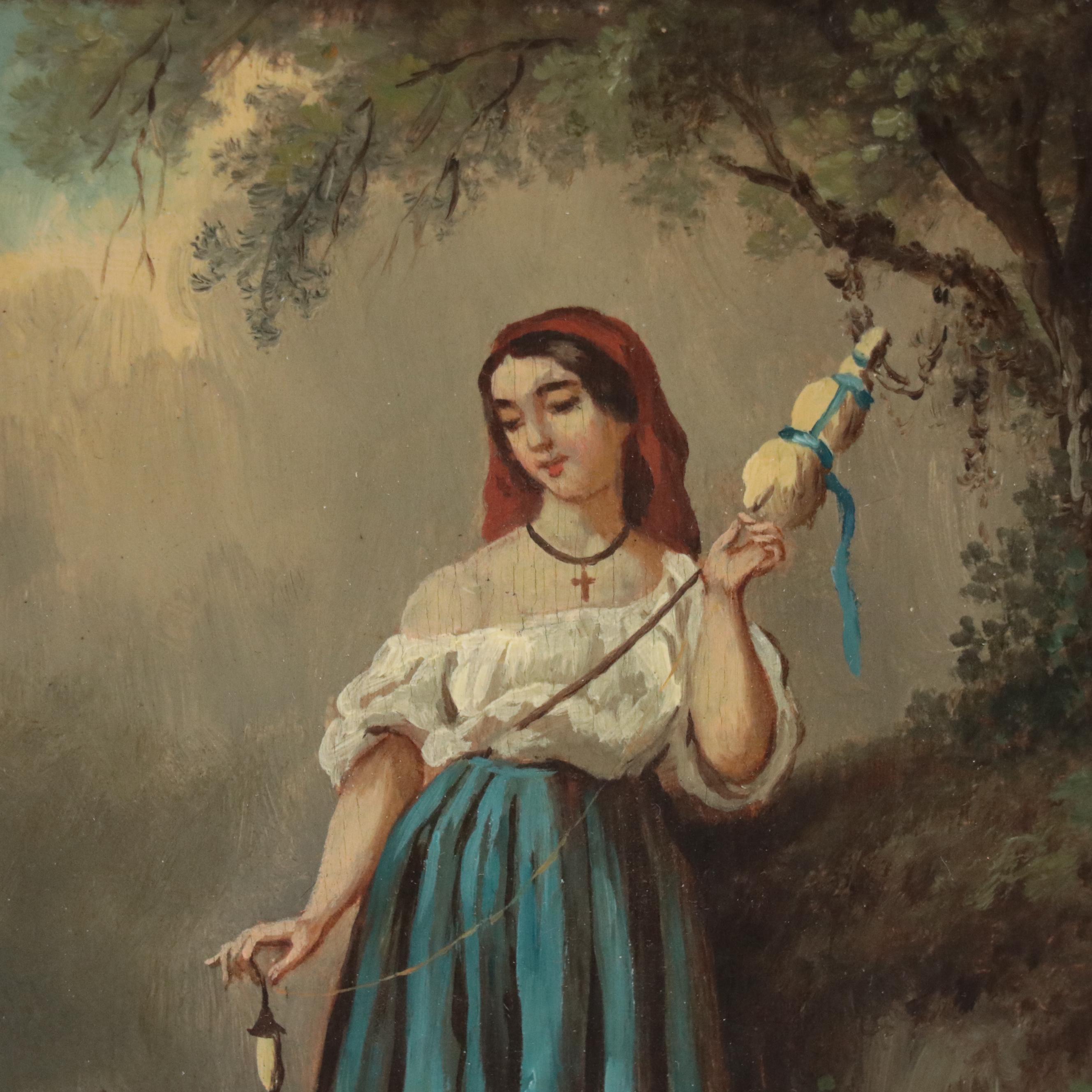 Italian School Style Oil Painting of Young Girl With Sheep, Late 19th Century