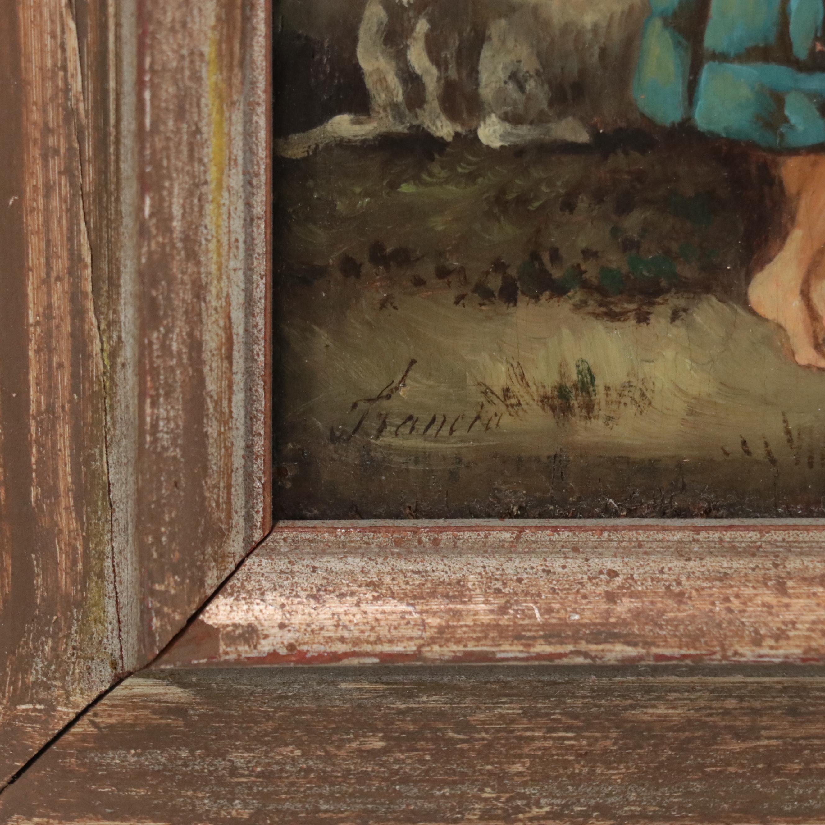 Italian School Style Oil Painting of Young Girl With Sheep, Late 19th Century