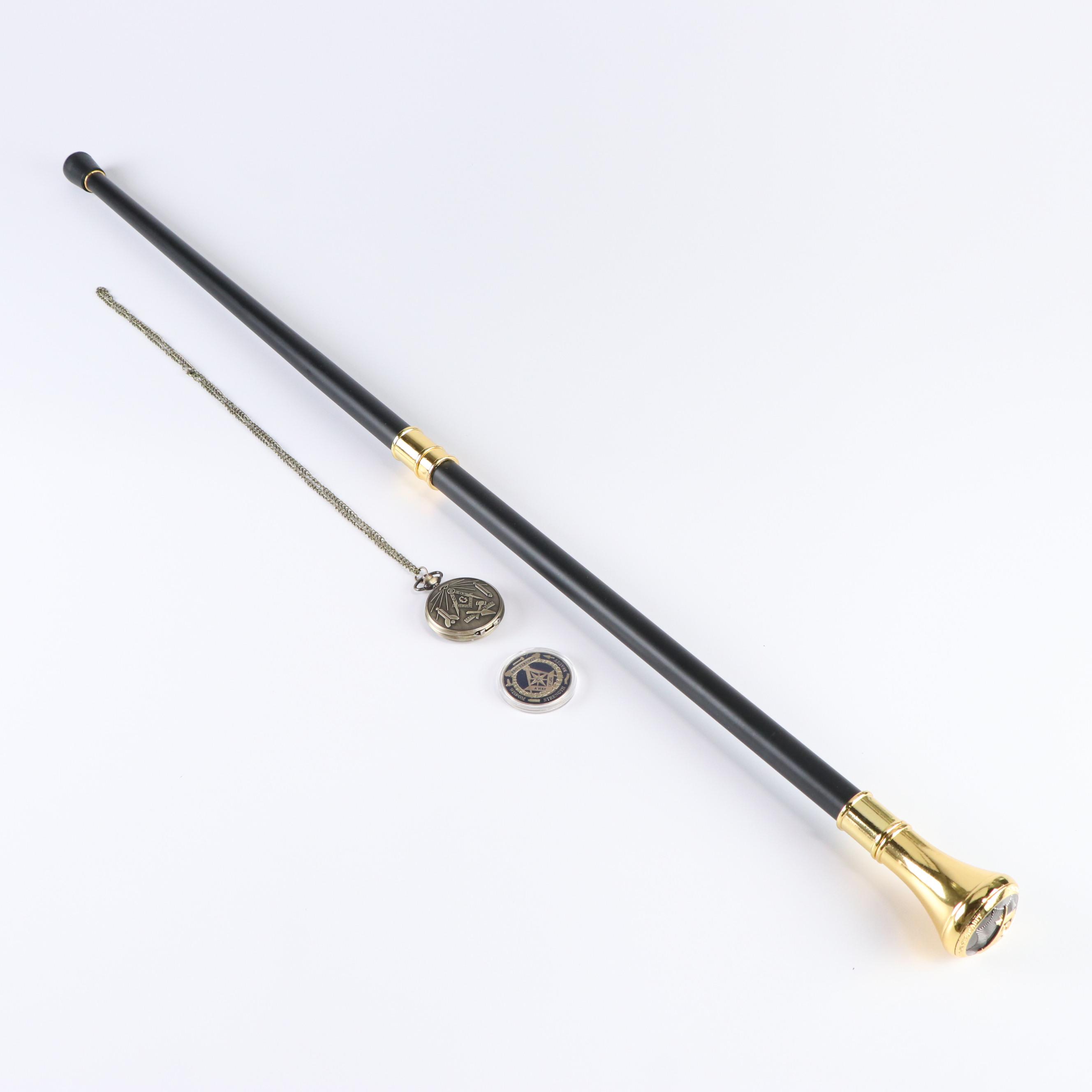 Masonic Steel and Gilt Walking Cane, Watch and Coin