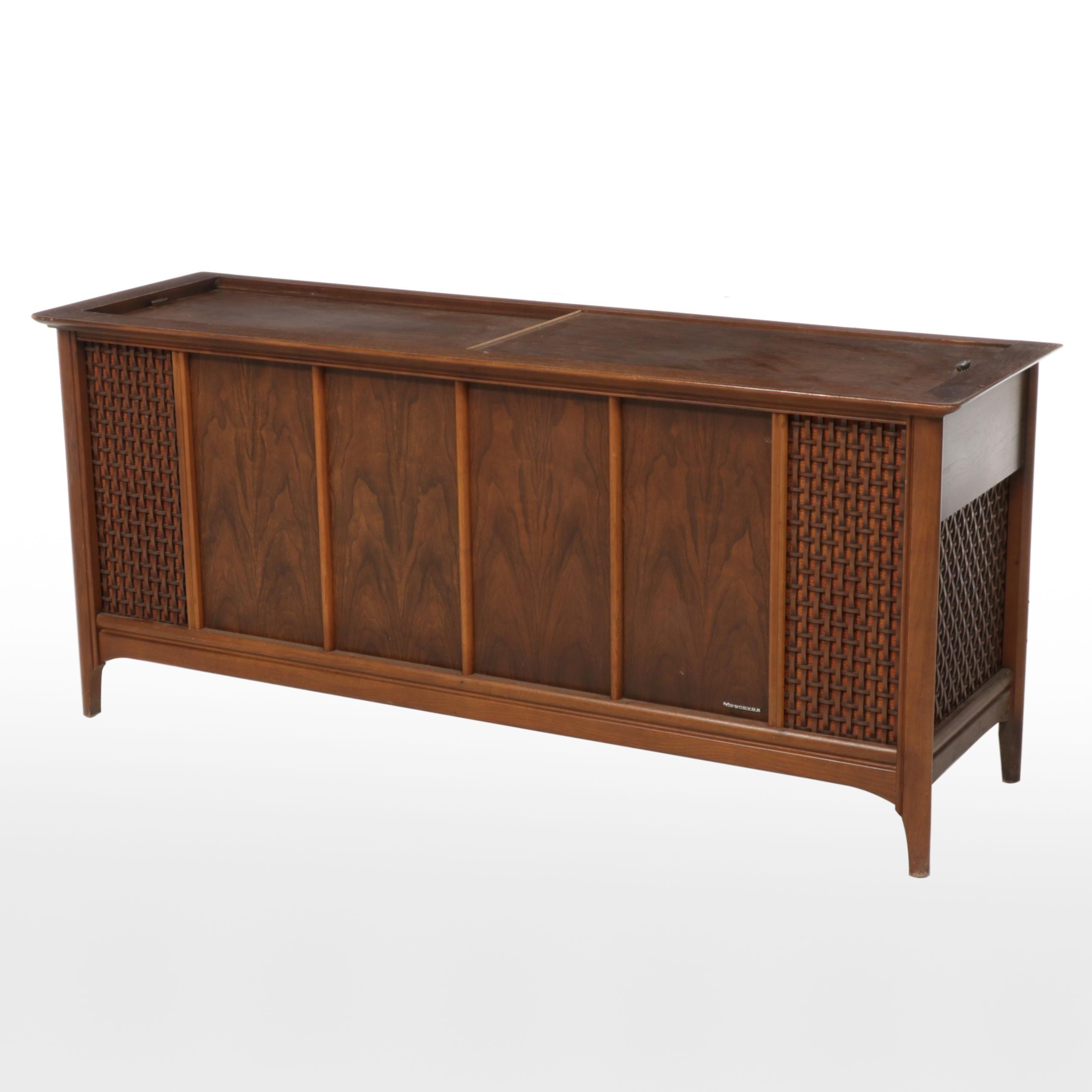 MCM Magnavox Walnut Console Cabinet With Radio, Turntable, Vinyl Records