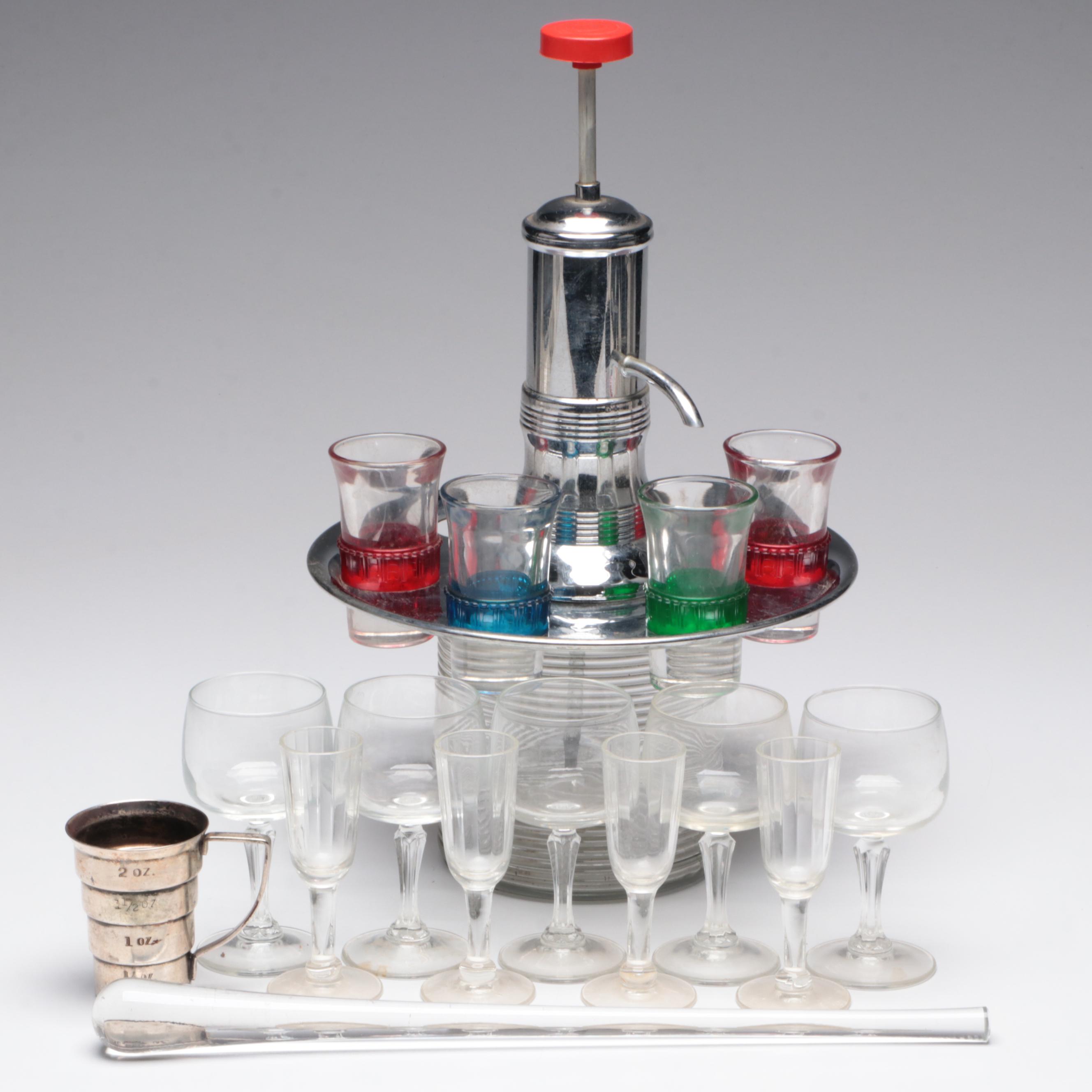 Mid Century Modern Pump Shot Dispenser with Other Barware