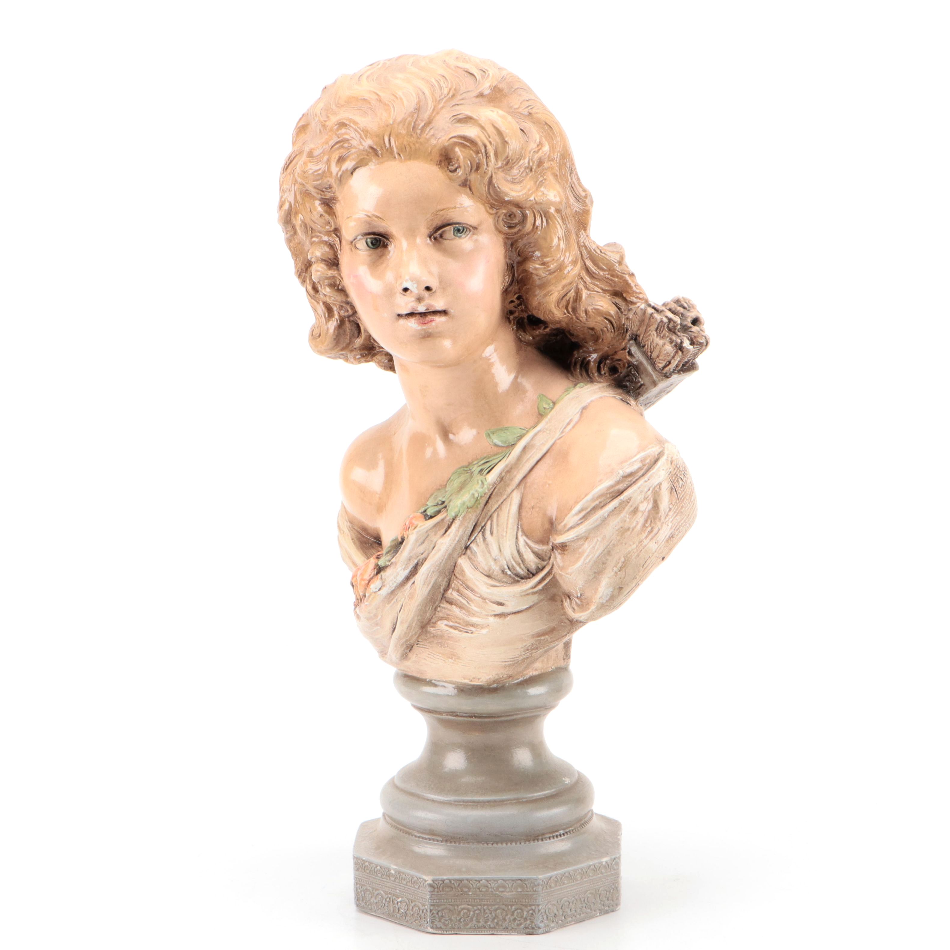 Baroque Style Paint-Decorated Cast Plaster Bust of Girl, Early 20th Century