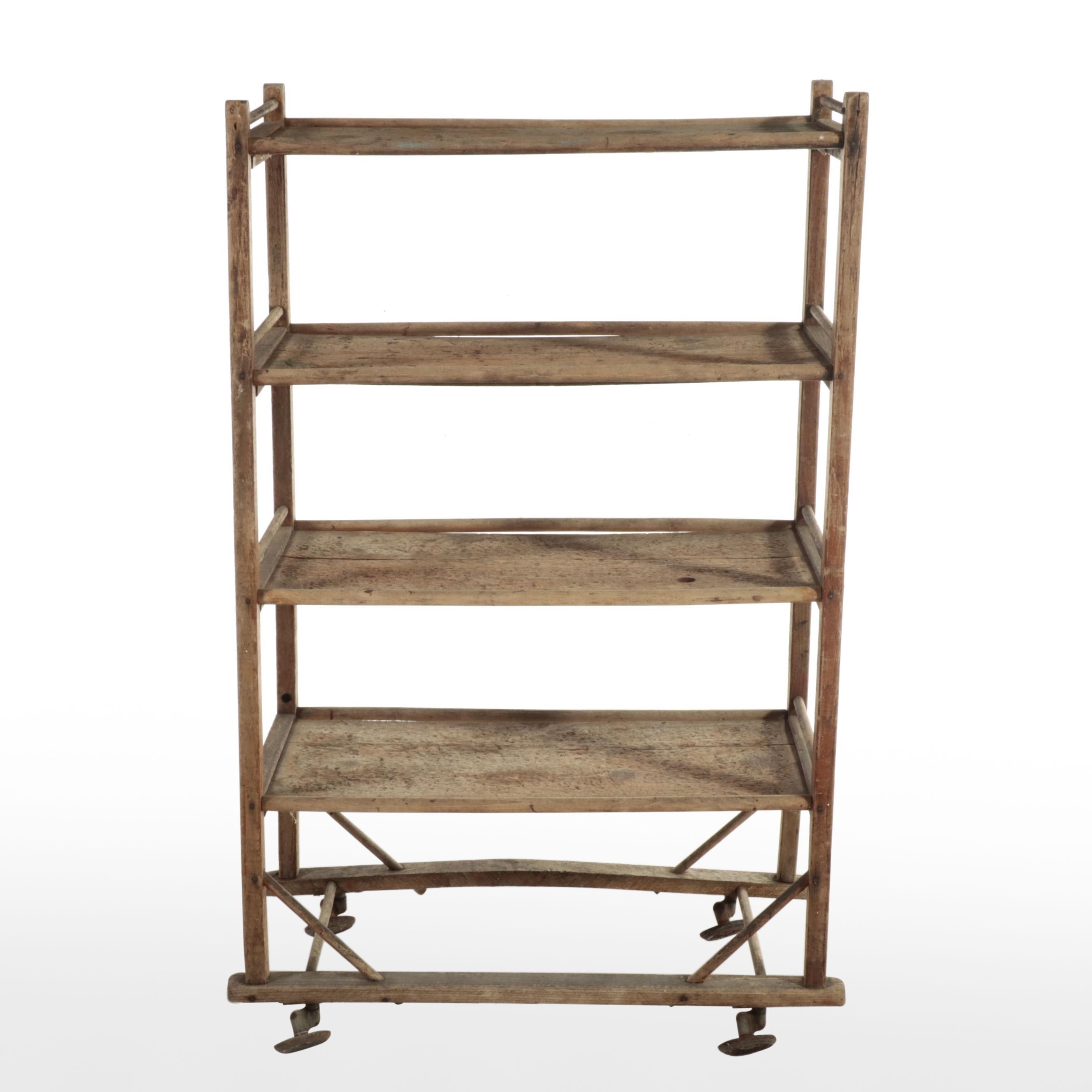 Wooden Four-Tier Industrial Cart on Angled Casters, Early 20th C