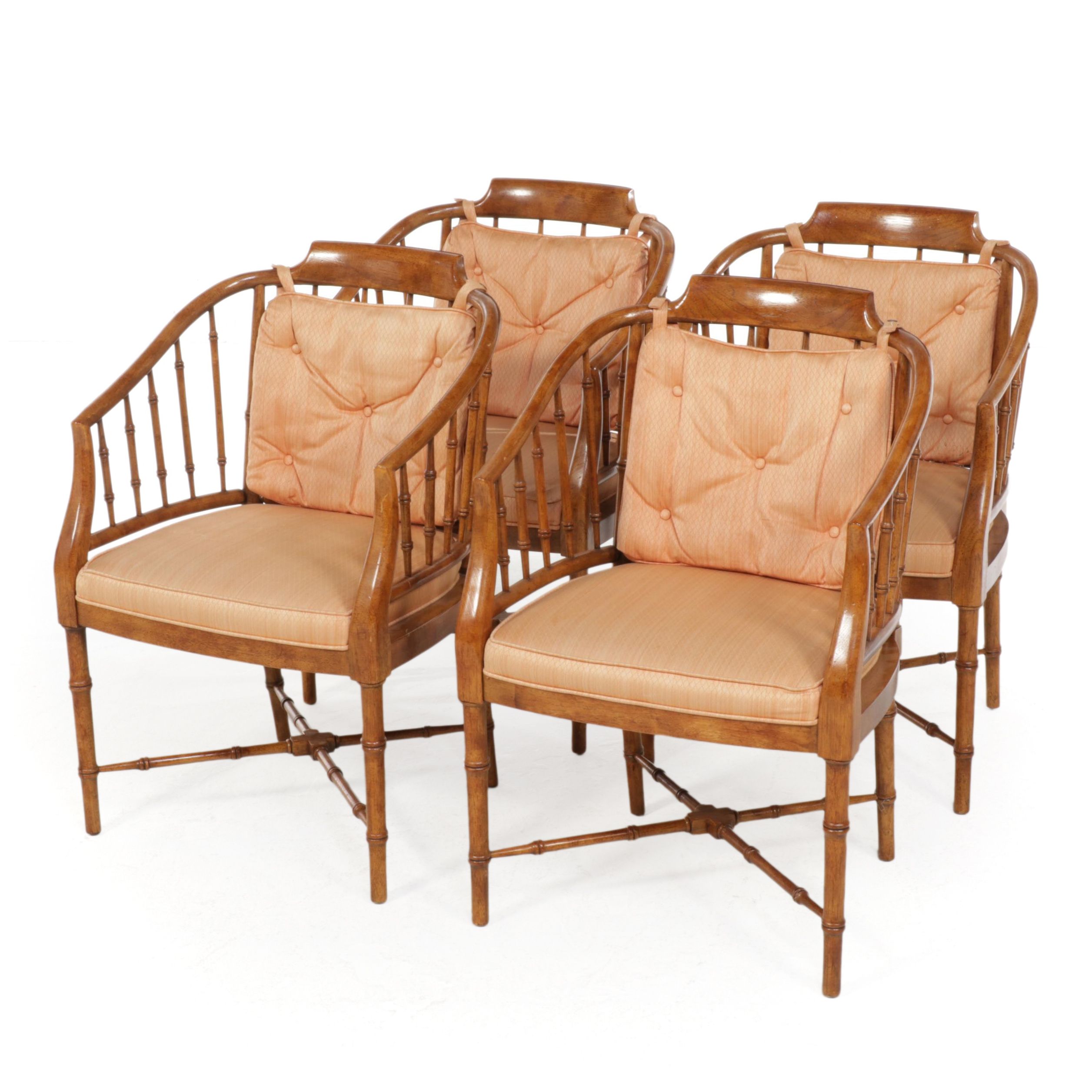 Four Drexel Heritage Regency Style Faux-Bamboo Carved Hardwood Armchairs