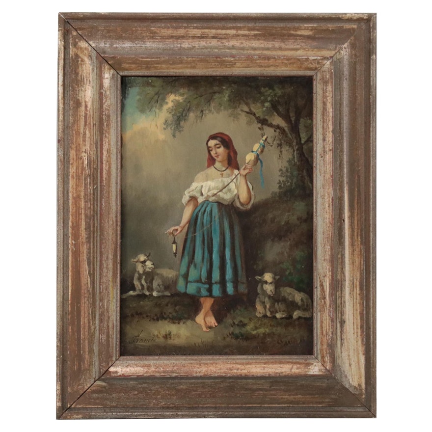 Italian School Style Oil Painting of Young Girl With Sheep, Late 19th Century