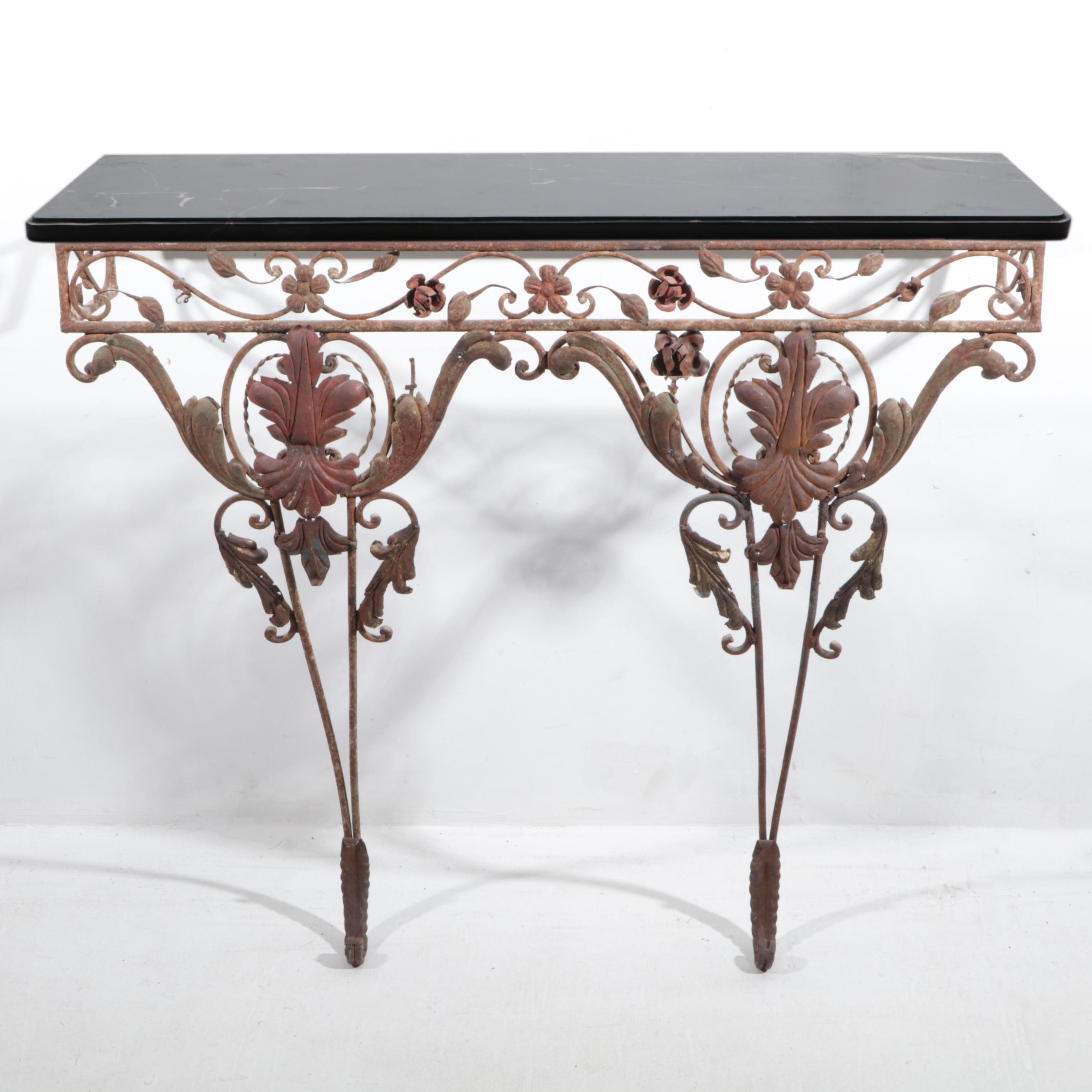 Rococo Style Wrought Iron and Black Marble Top Wall-Mounted Console Table