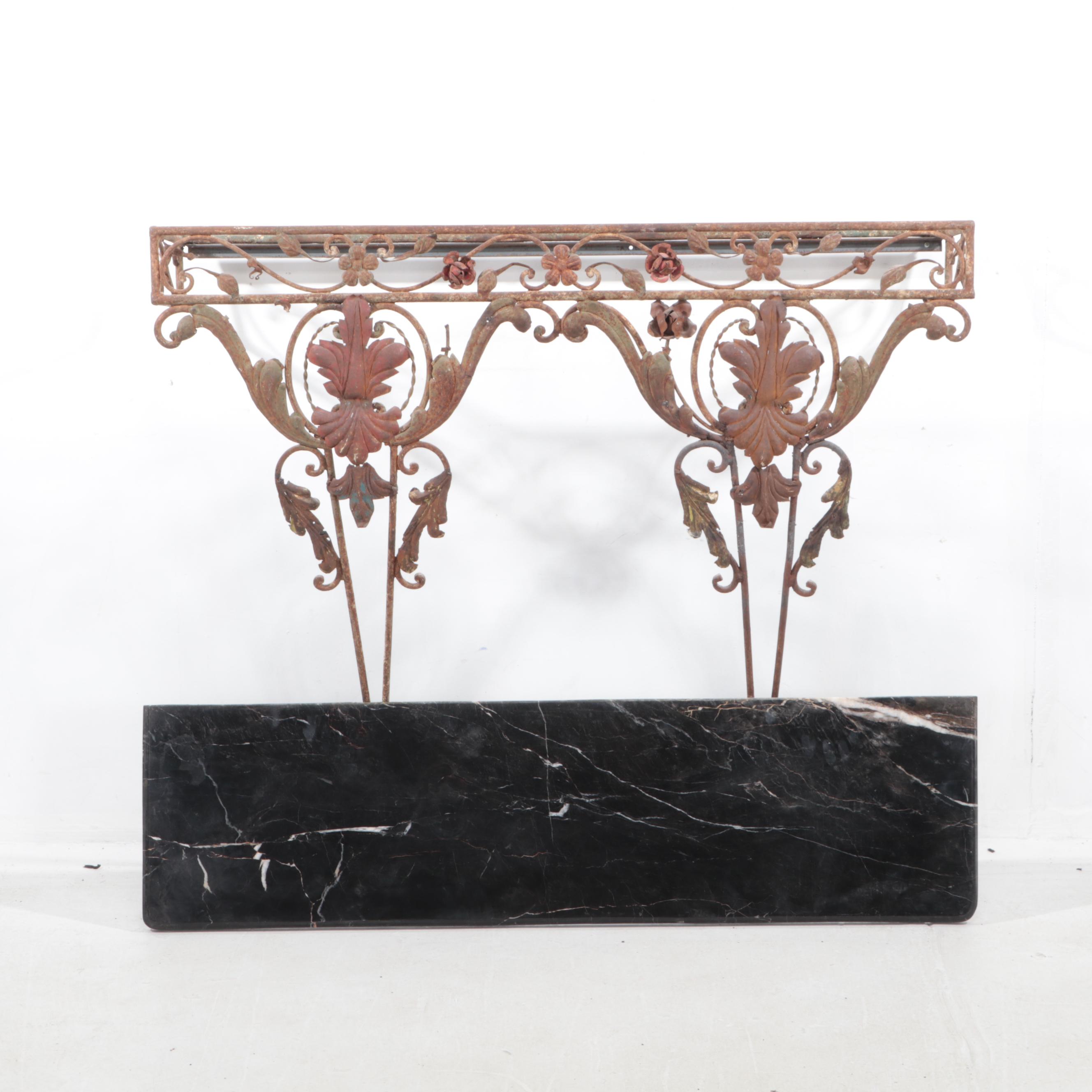Rococo Style Wrought Iron and Black Marble Top Wall-Mounted Console Table