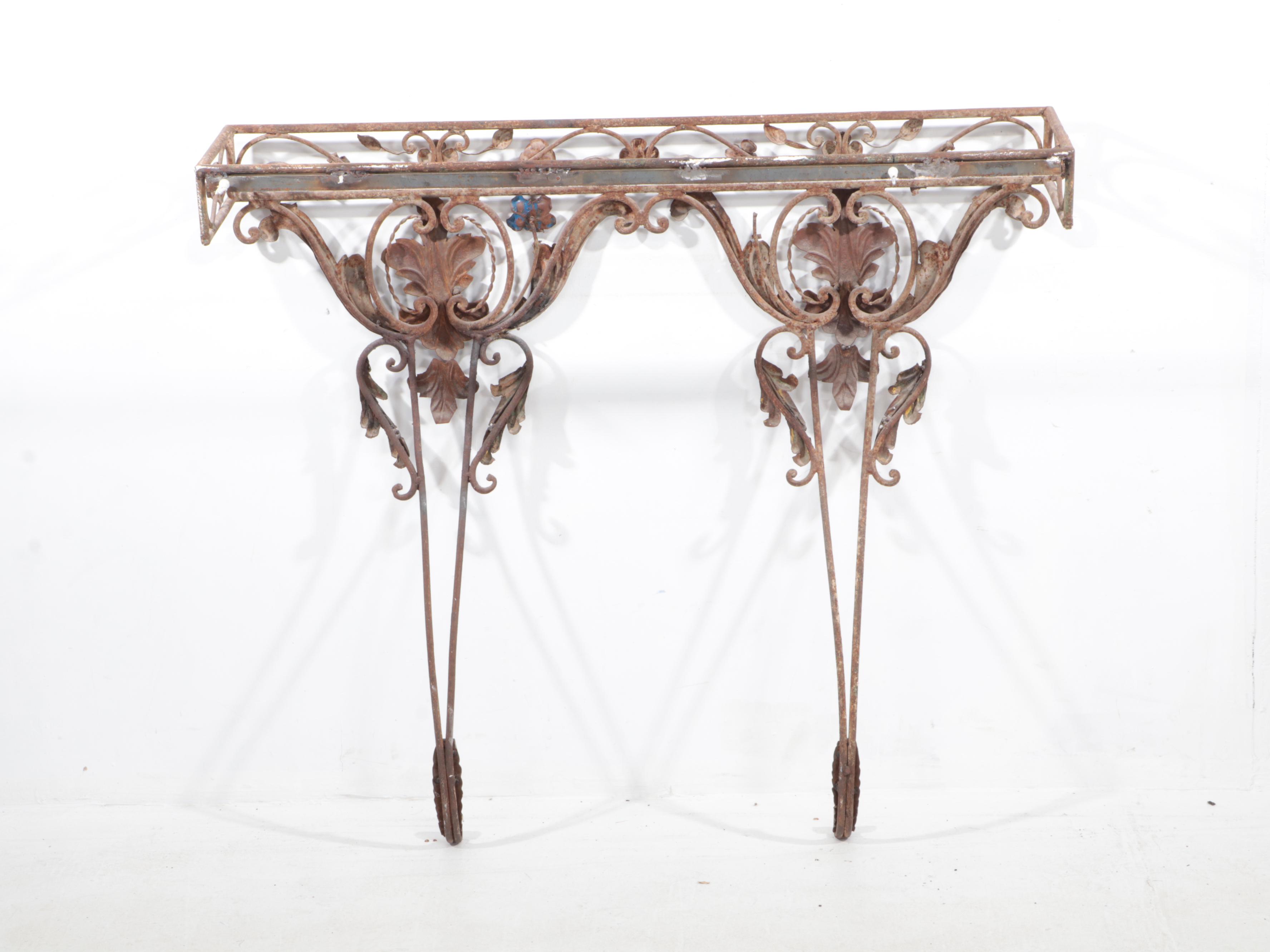 Rococo Style Wrought Iron and Black Marble Top Wall-Mounted Console Table