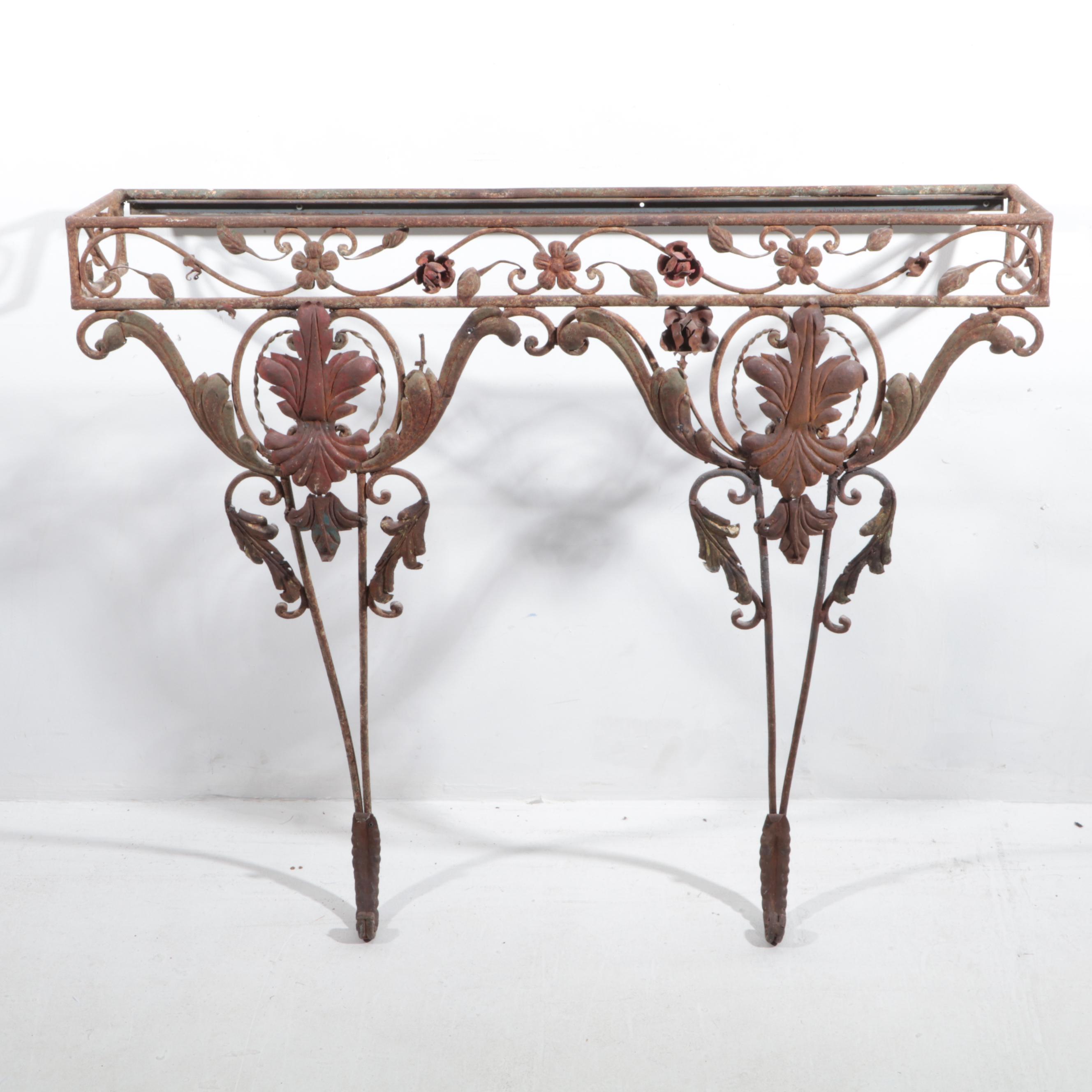 Rococo Style Wrought Iron and Black Marble Top Wall-Mounted Console Table