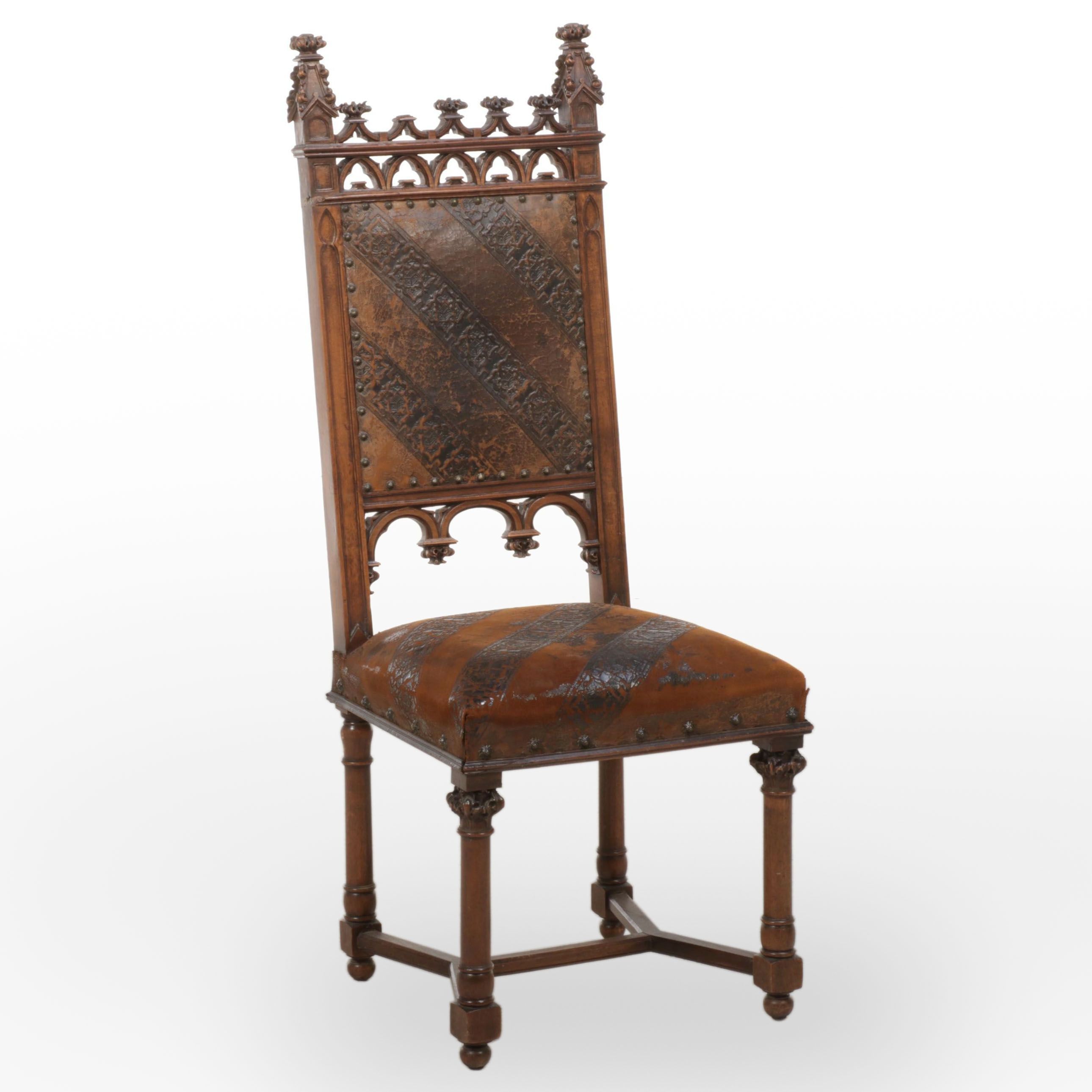 Gothic Revival Carved Hardwood and Tooled Leather Side Chair, 19th Century