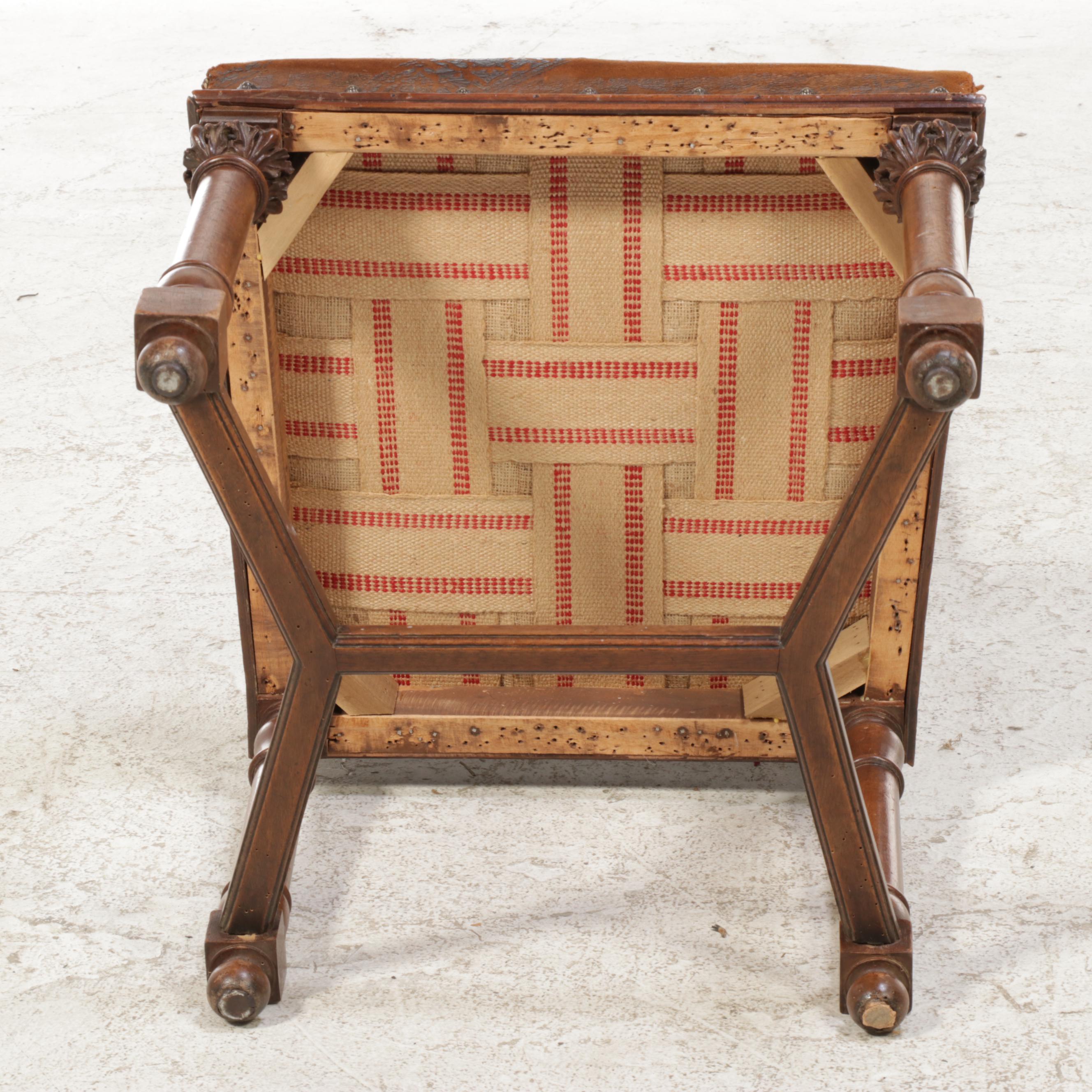 Gothic Revival Carved Hardwood and Tooled Leather Side Chair, 19th Century