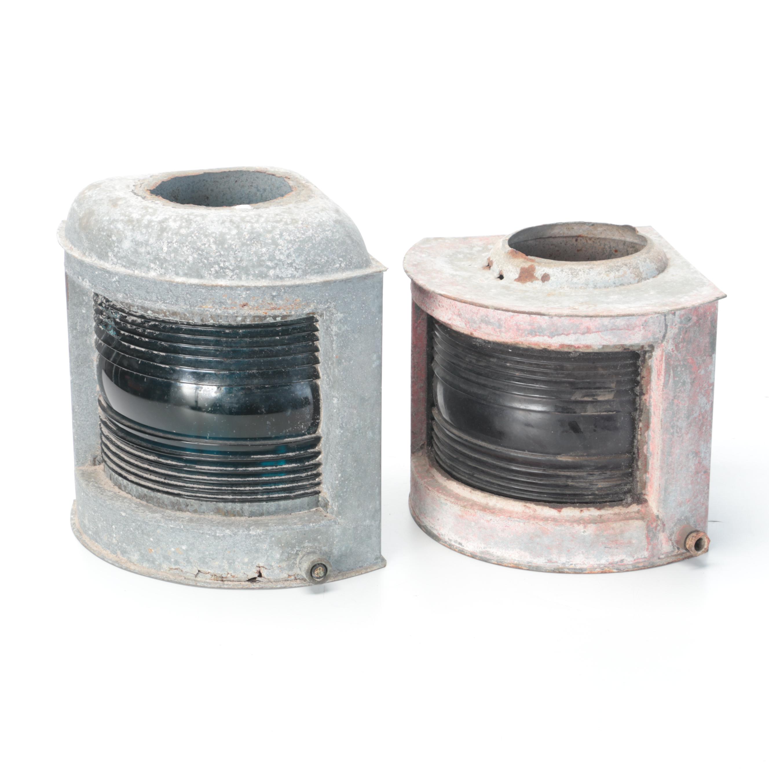 Galvanized Metal and Colored Glass Corner Nautical Signal Lanterns