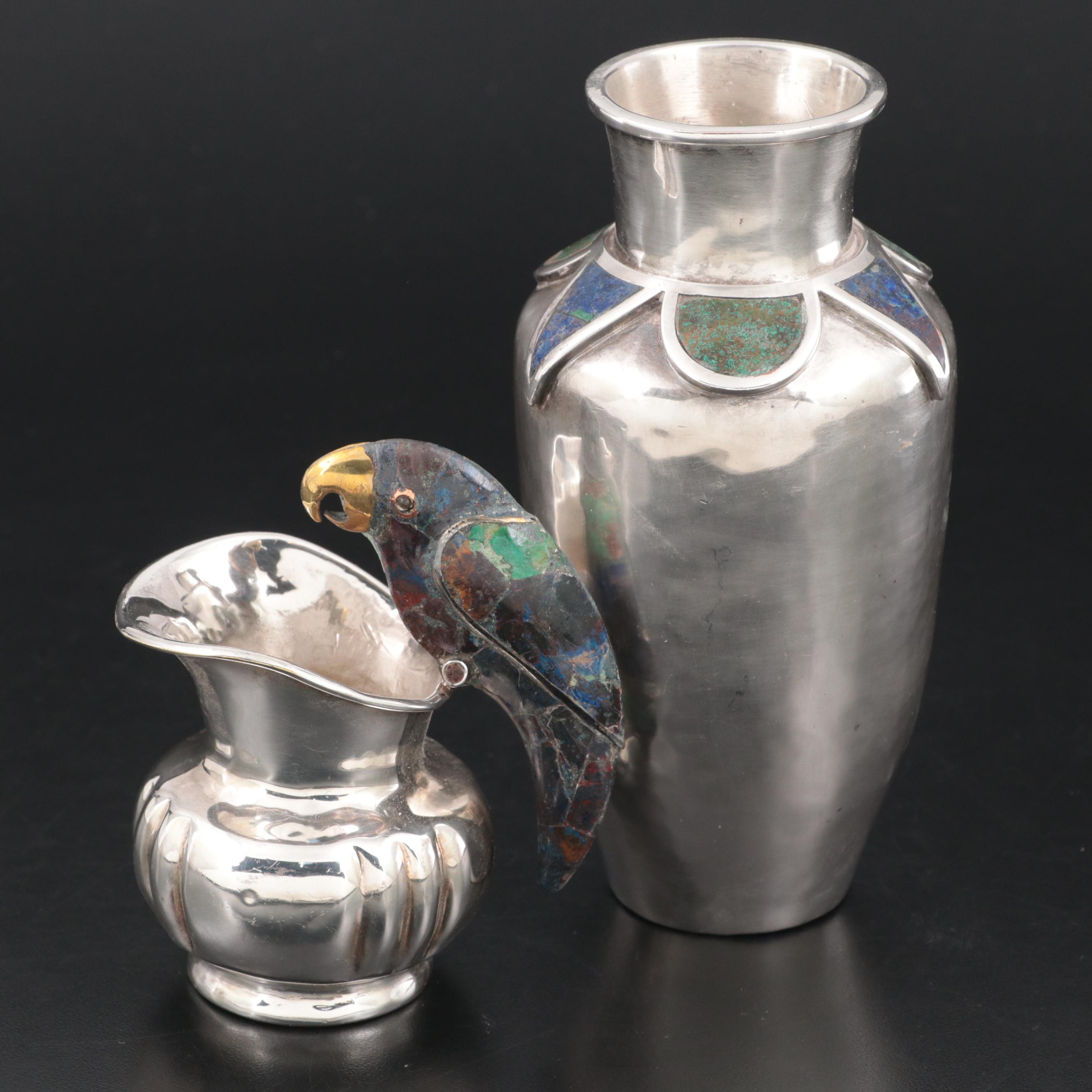 Los Castillo and Emilia Castillo Mexican Silver Plated Vase and Pitcher
