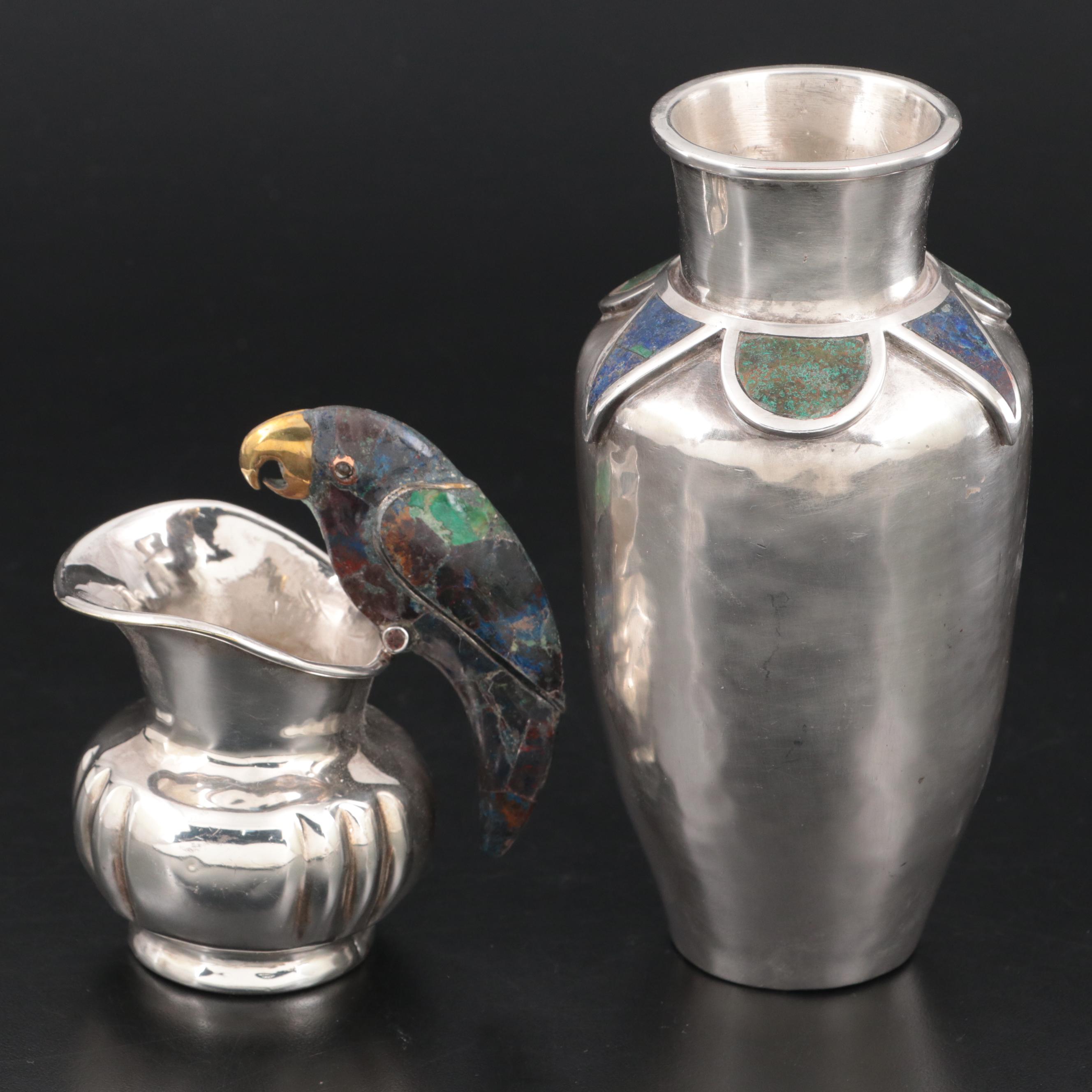 Los Castillo and Emilia Castillo Mexican Silver Plated Vase and Pitcher