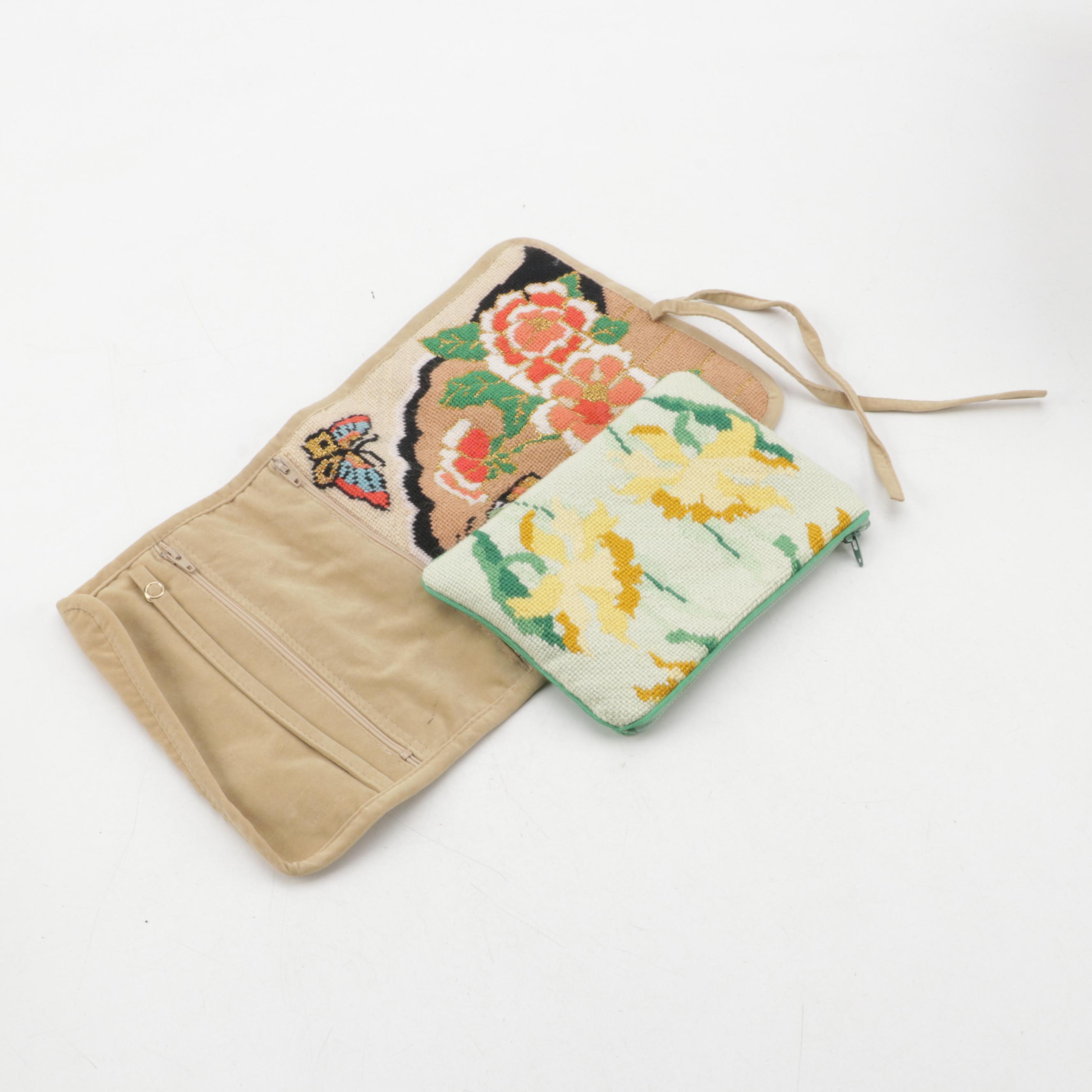 Needlepoint and Acrylic Clutch Purse, Chinoiserie Pillow, Canvas