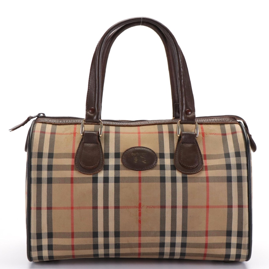 Burberrys Medium Boston Bag in Haymarket Check Gabardine and Brown Leather