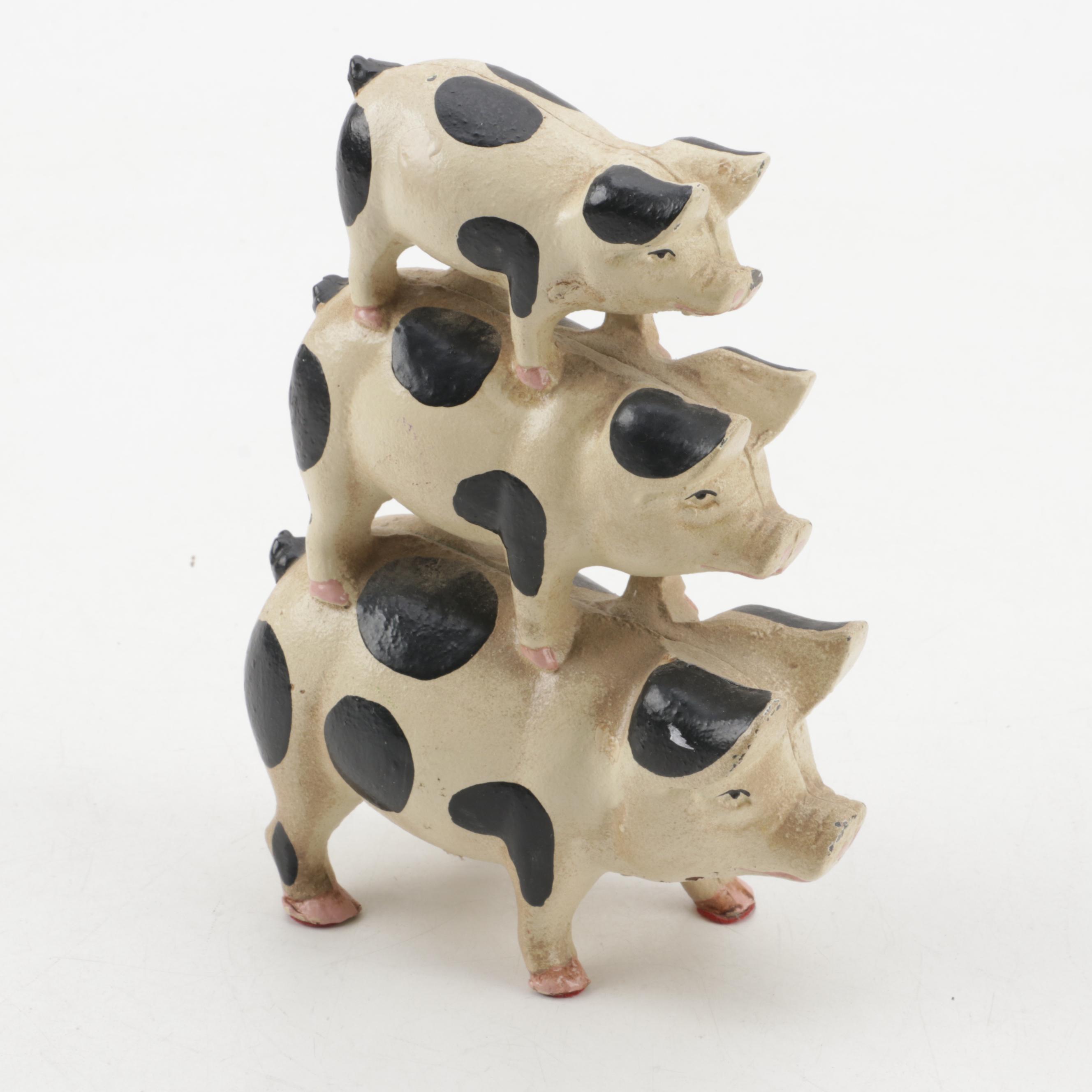 Paint-Decorated Cast Iron Stacked Pig Figural Doorstop
