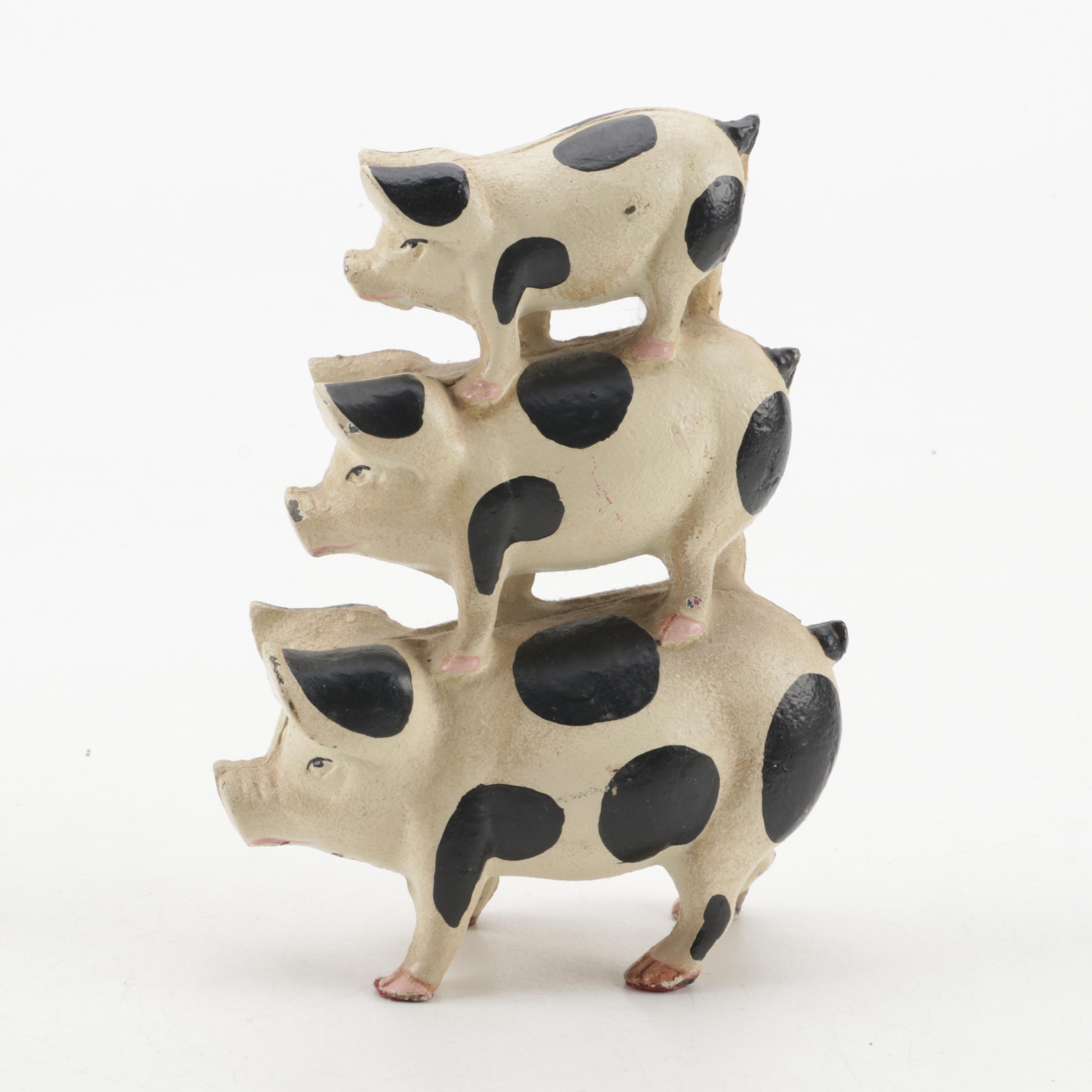 Paint-Decorated Cast Iron Stacked Pig Figural Doorstop
