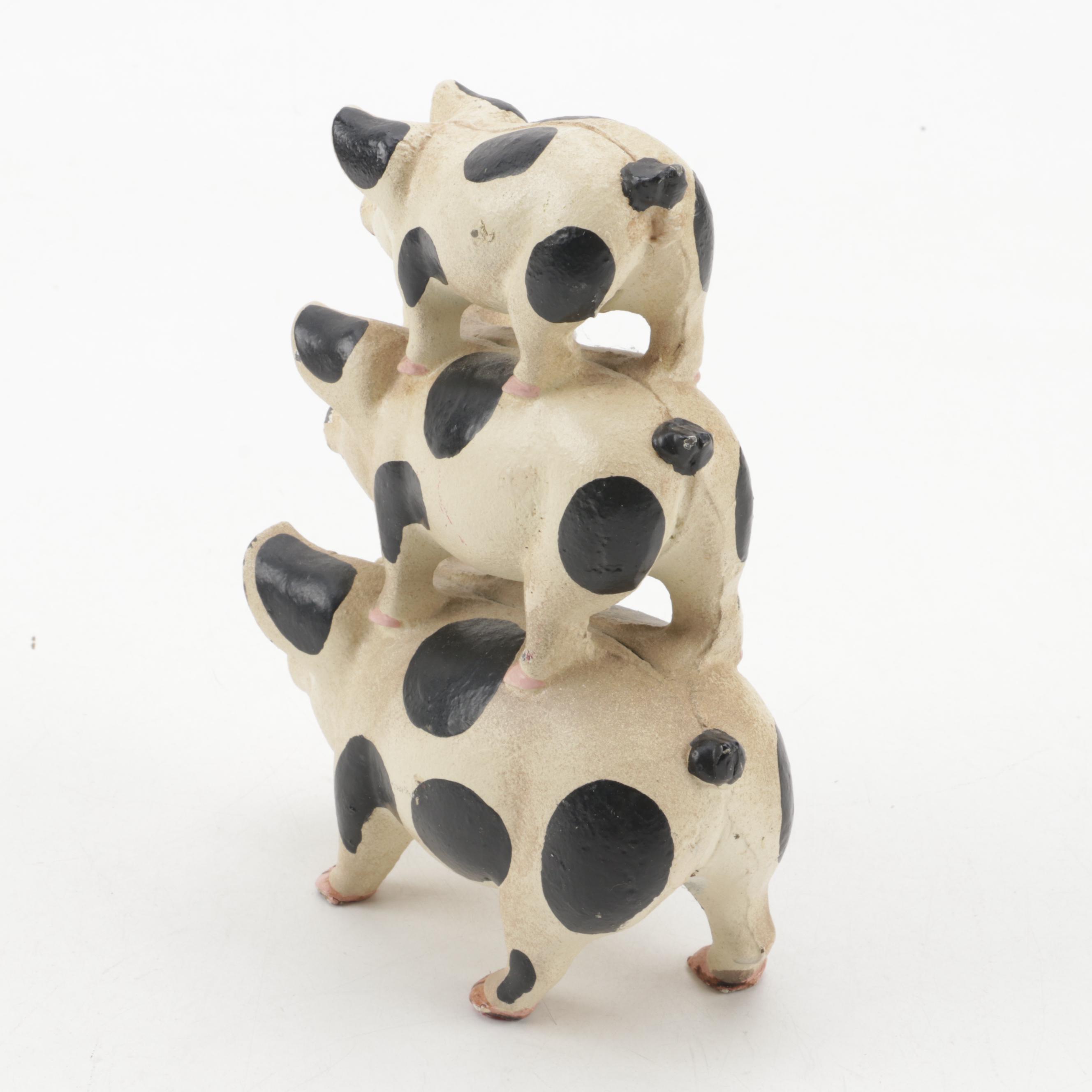 Paint-Decorated Cast Iron Stacked Pig Figural Doorstop