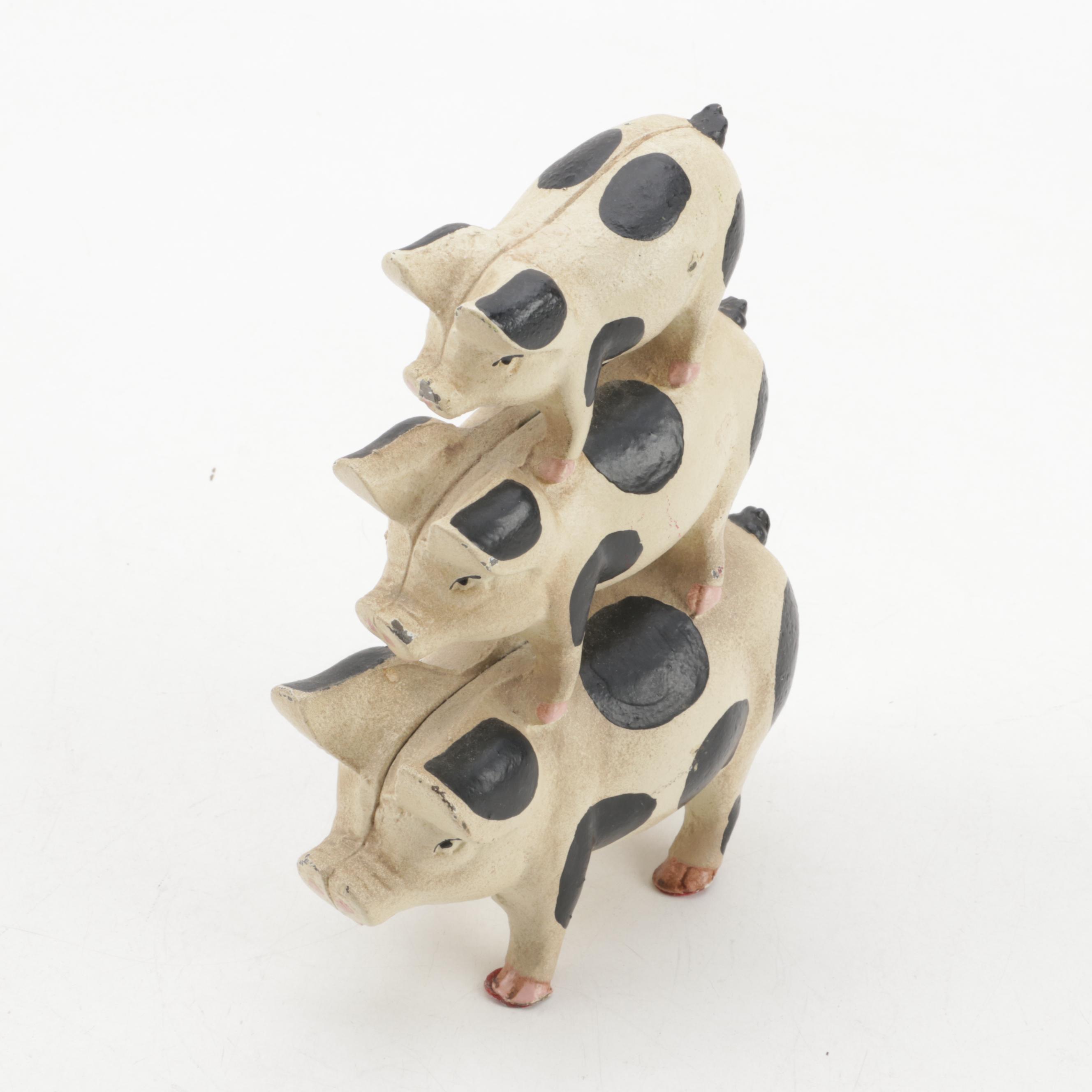 Paint-Decorated Cast Iron Stacked Pig Figural Doorstop