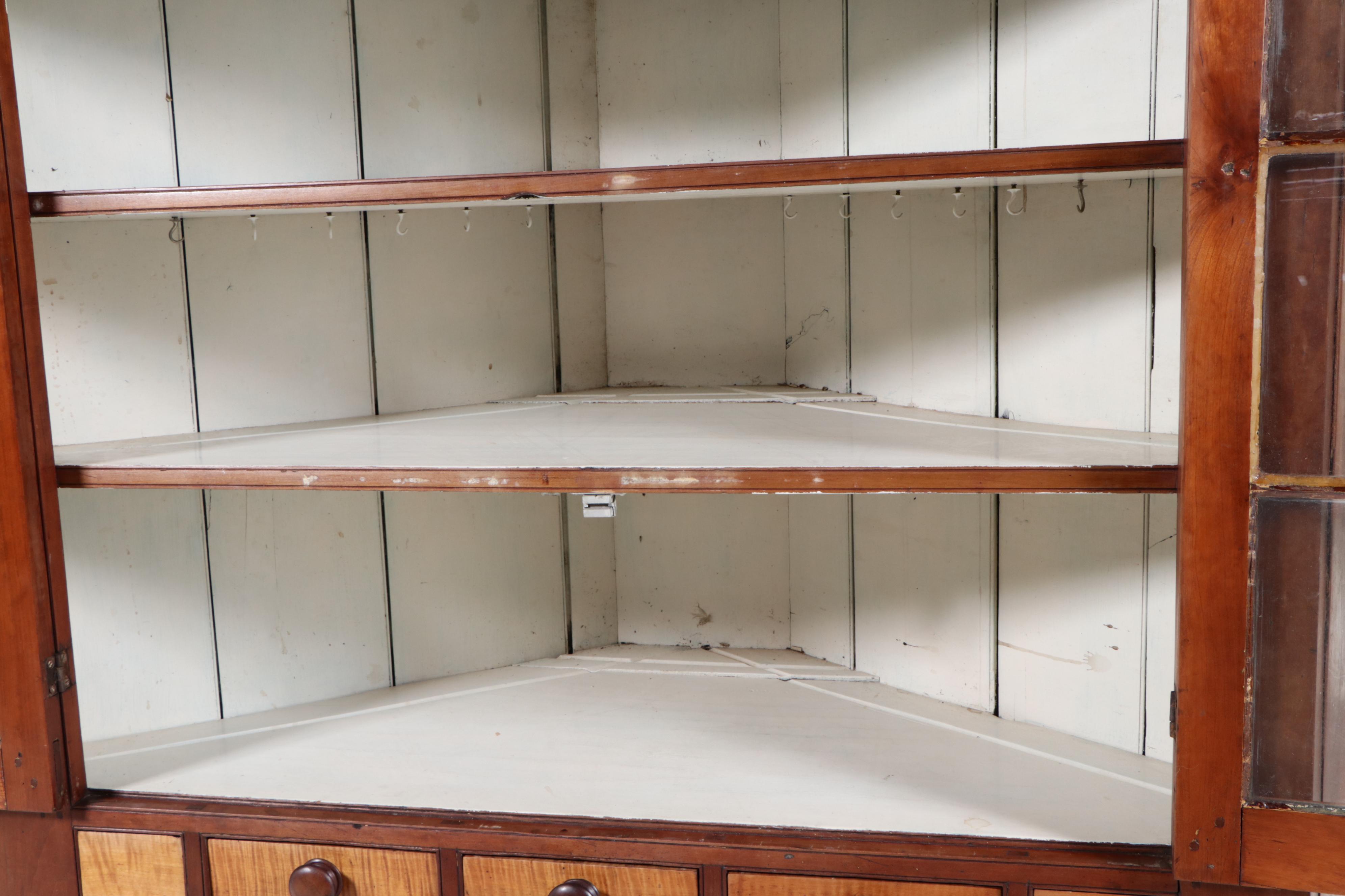 American Cherry and Curly Maple 16-Light Corner Cupboard