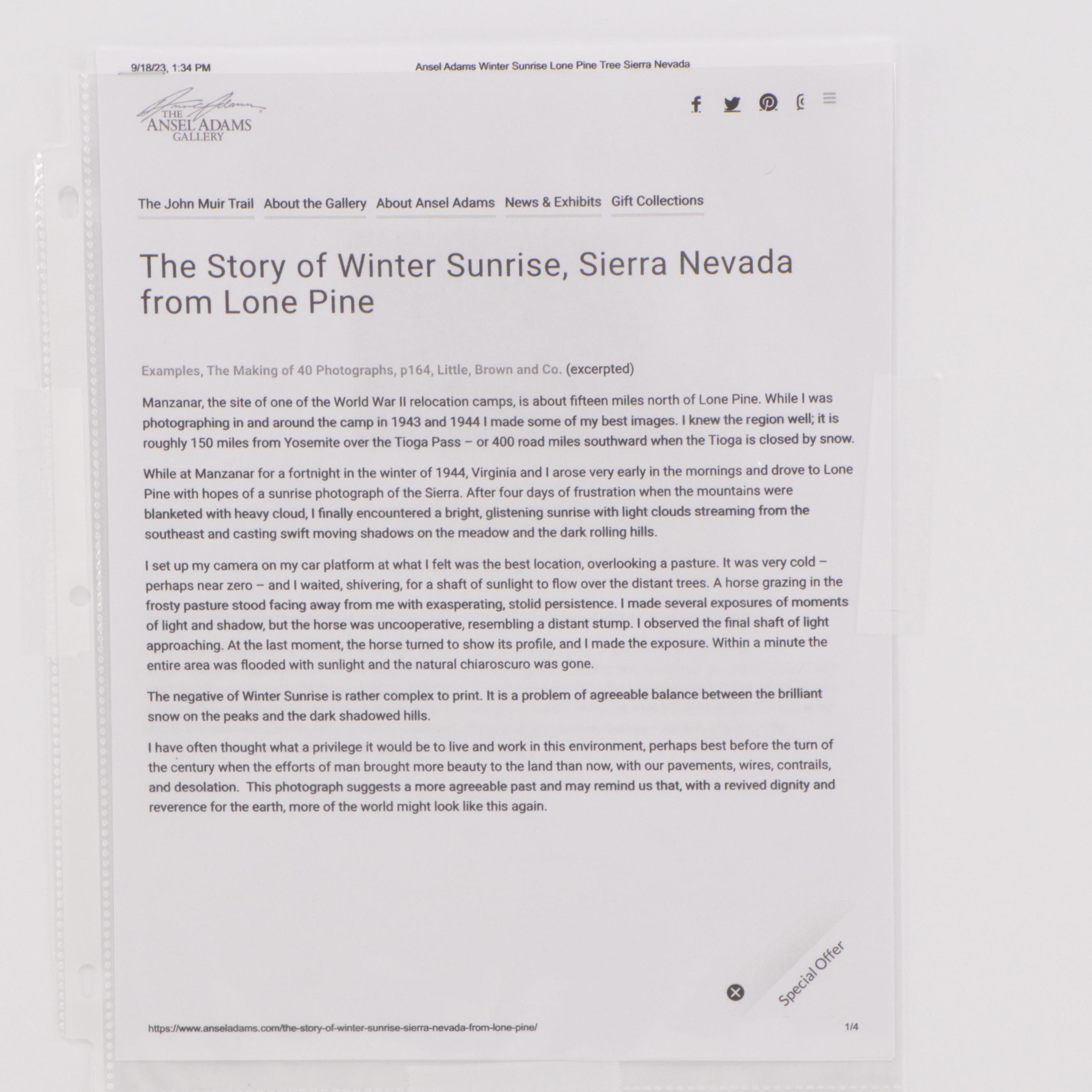 Ansel Adams Initialed Halftone "Winter Sunrise, Sierra Nevada"