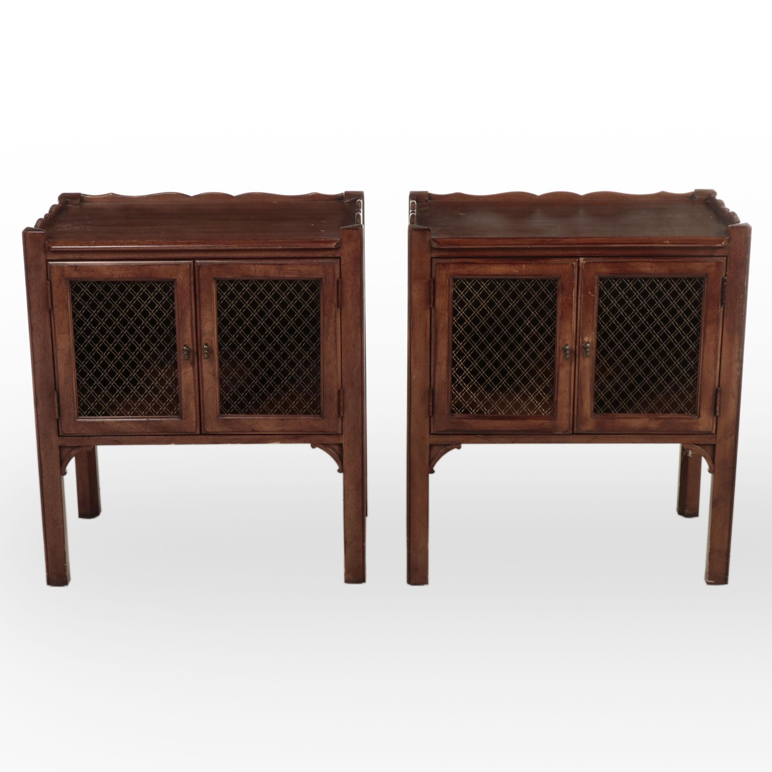 Pair of Wooden Cabinets with Wire Lattice Inset Doors