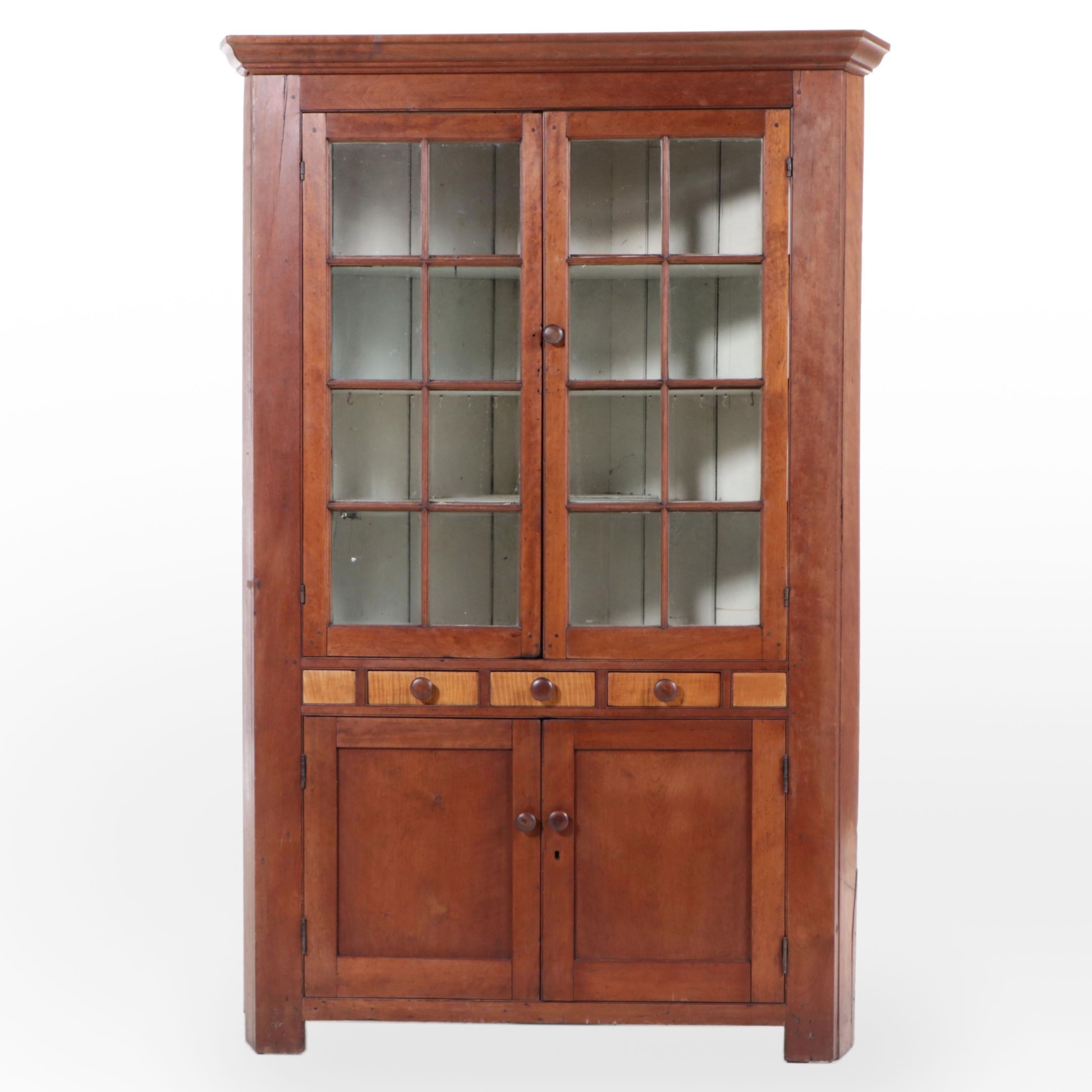 American Cherry and Curly Maple 16-Light Corner Cupboard