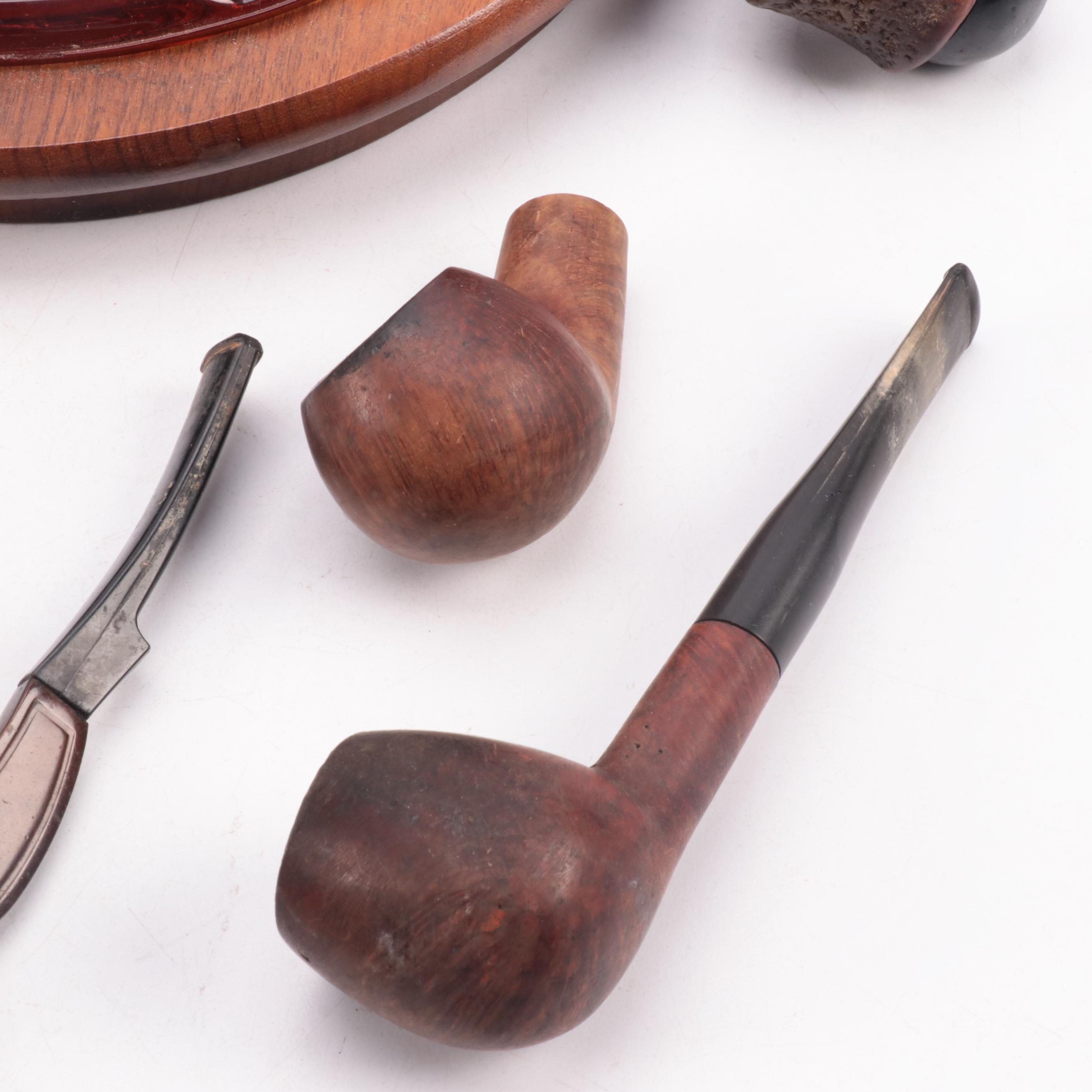 Wooden Geometric Inlay Tobacco Box & Pipe Stand, Pipes, Ashtrays with More