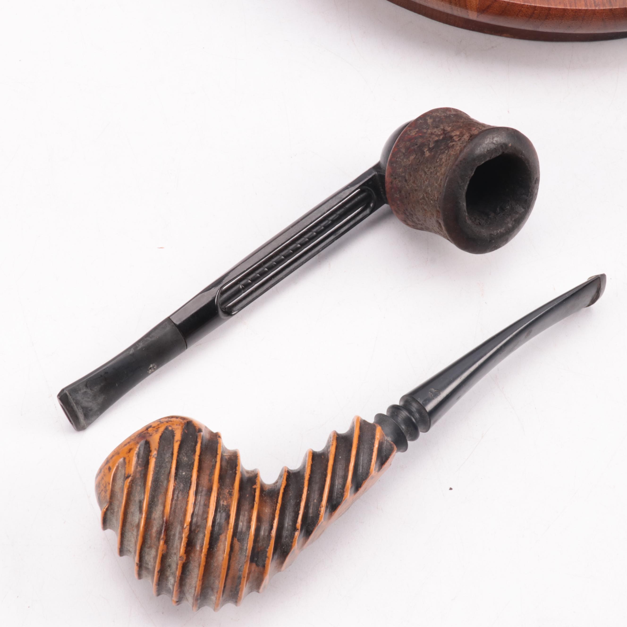 Wooden Geometric Inlay Tobacco Box & Pipe Stand, Pipes, Ashtrays with More