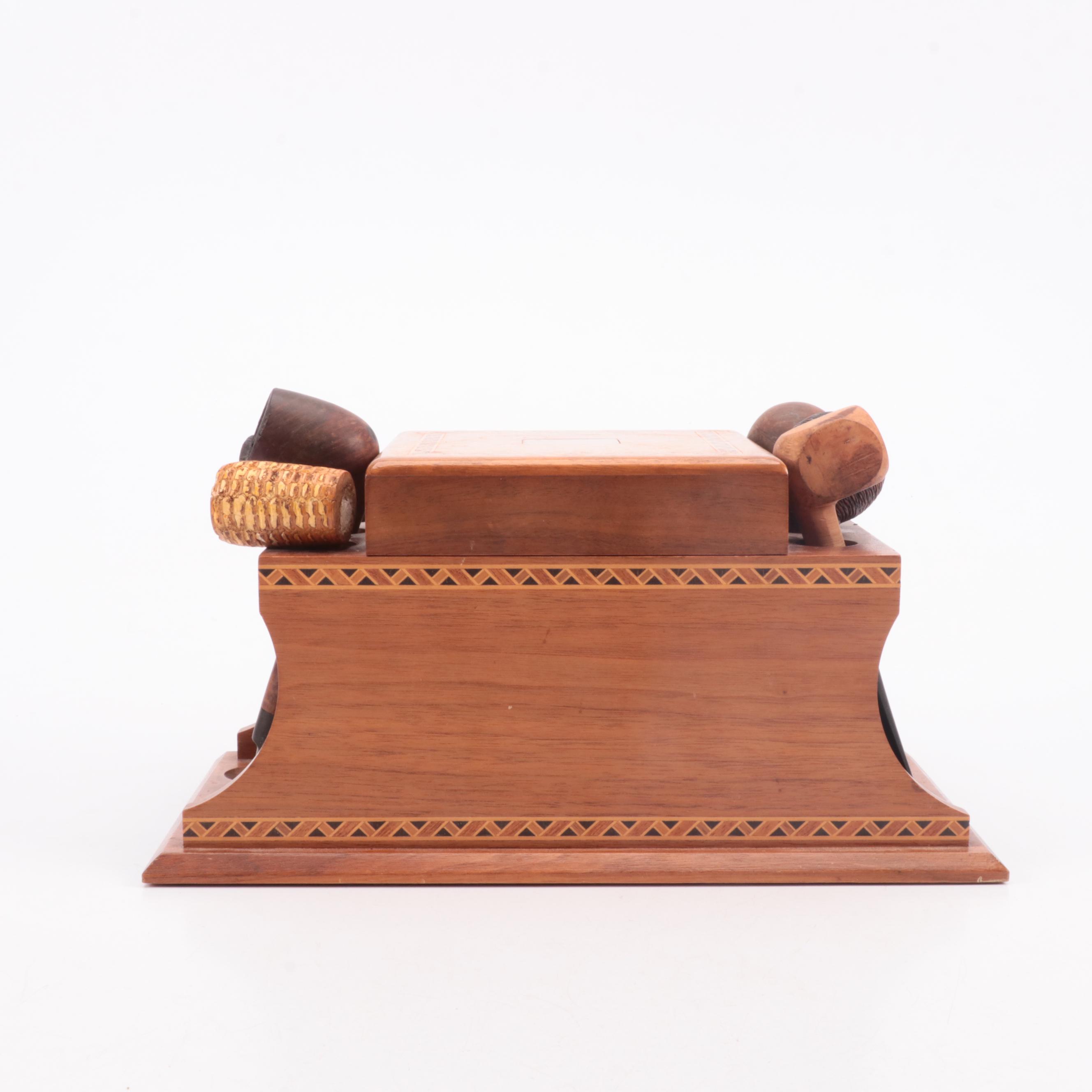 Wooden Geometric Inlay Tobacco Box & Pipe Stand, Pipes, Ashtrays with More