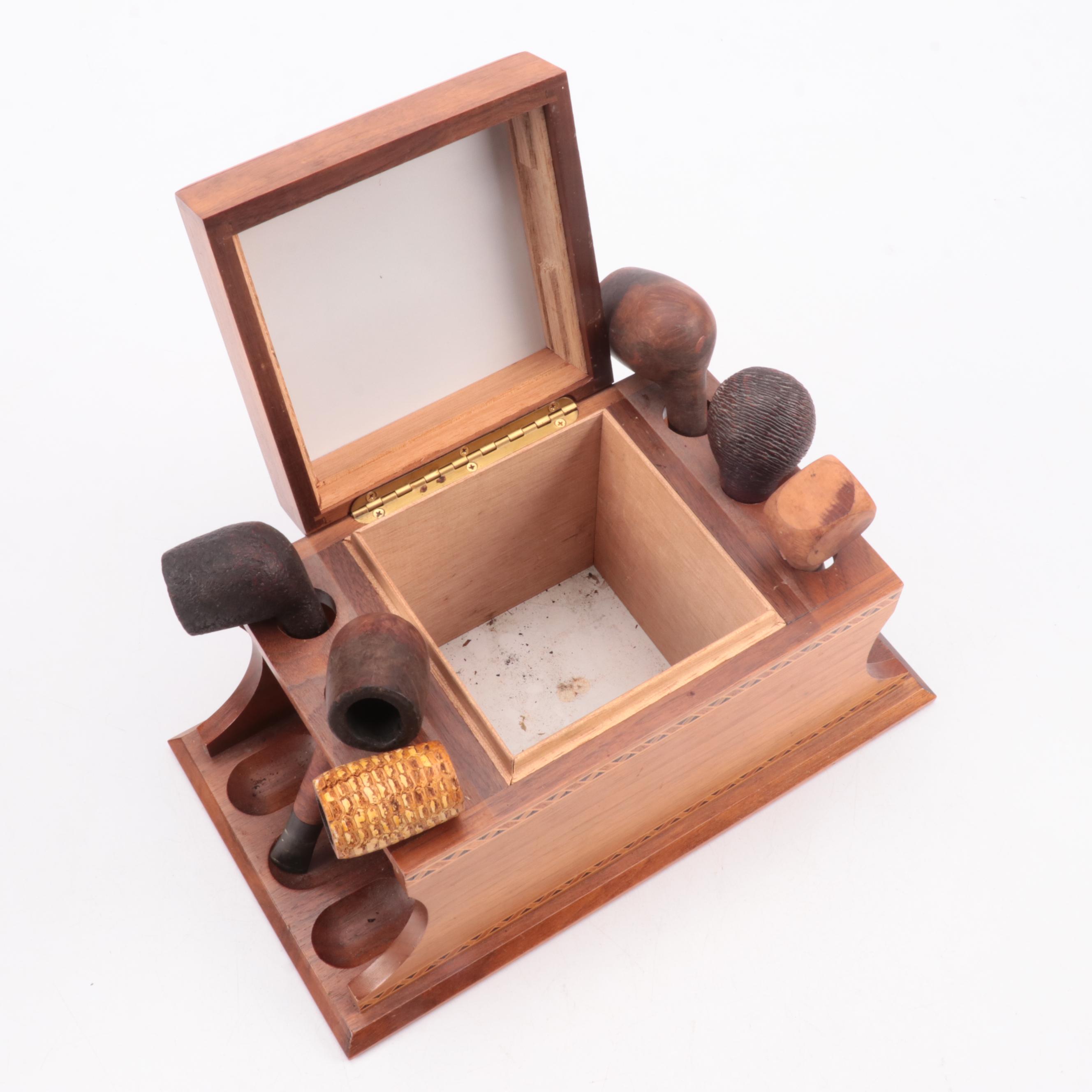 Wooden Geometric Inlay Tobacco Box & Pipe Stand, Pipes, Ashtrays with