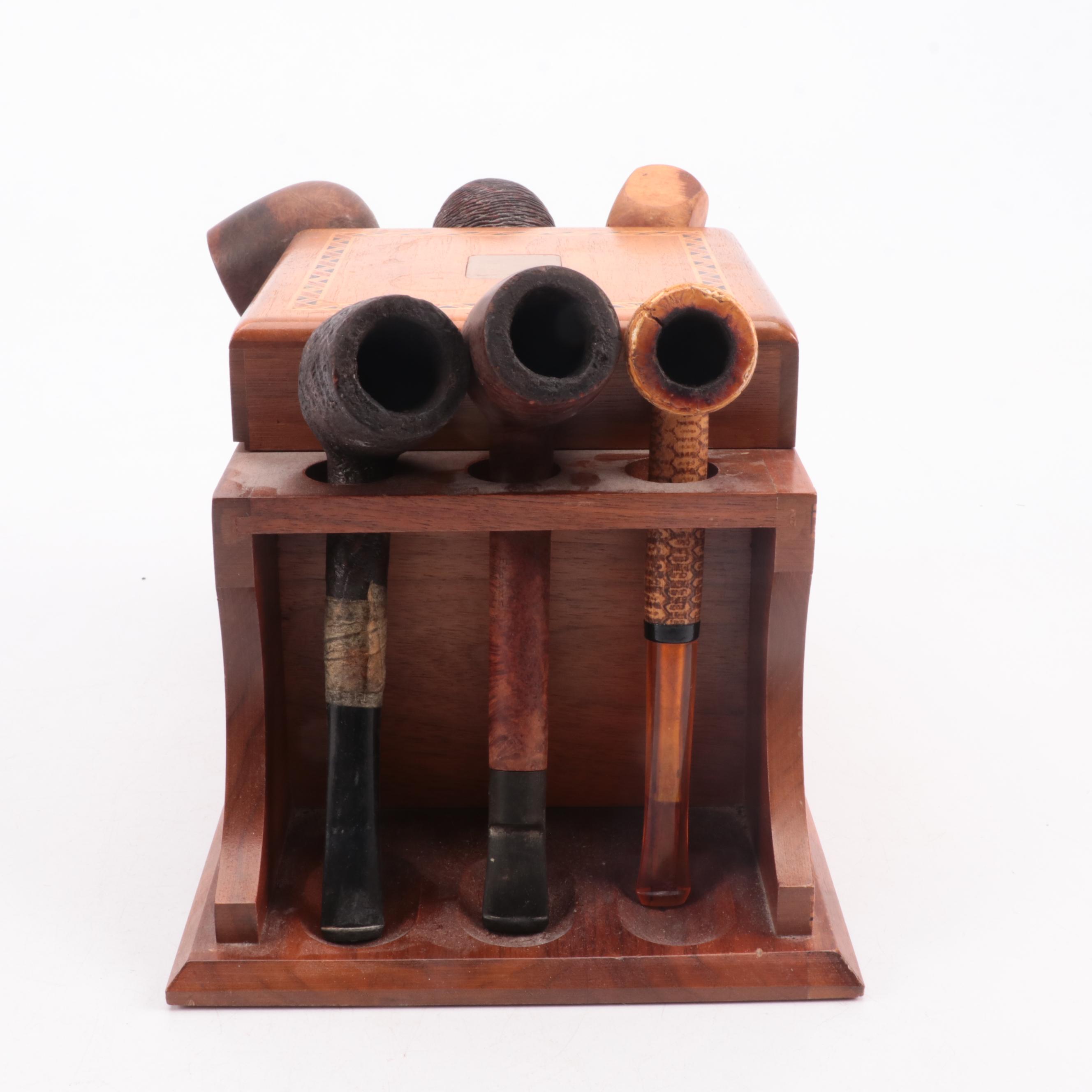 Wooden Geometric Inlay Tobacco Box & Pipe Stand, Pipes, Ashtrays with