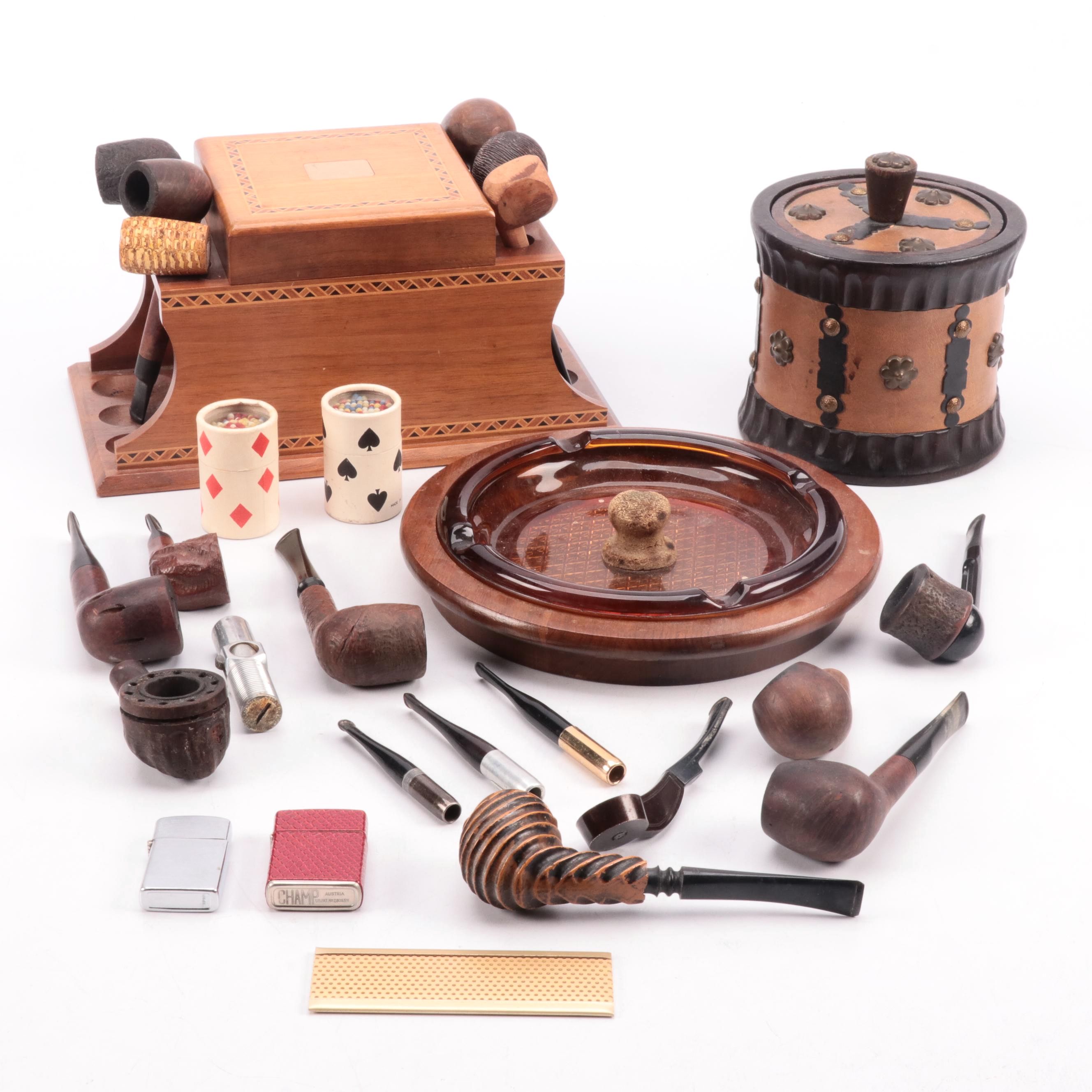 Wooden Geometric Inlay Tobacco Box & Pipe Stand, Pipes, Ashtrays with More