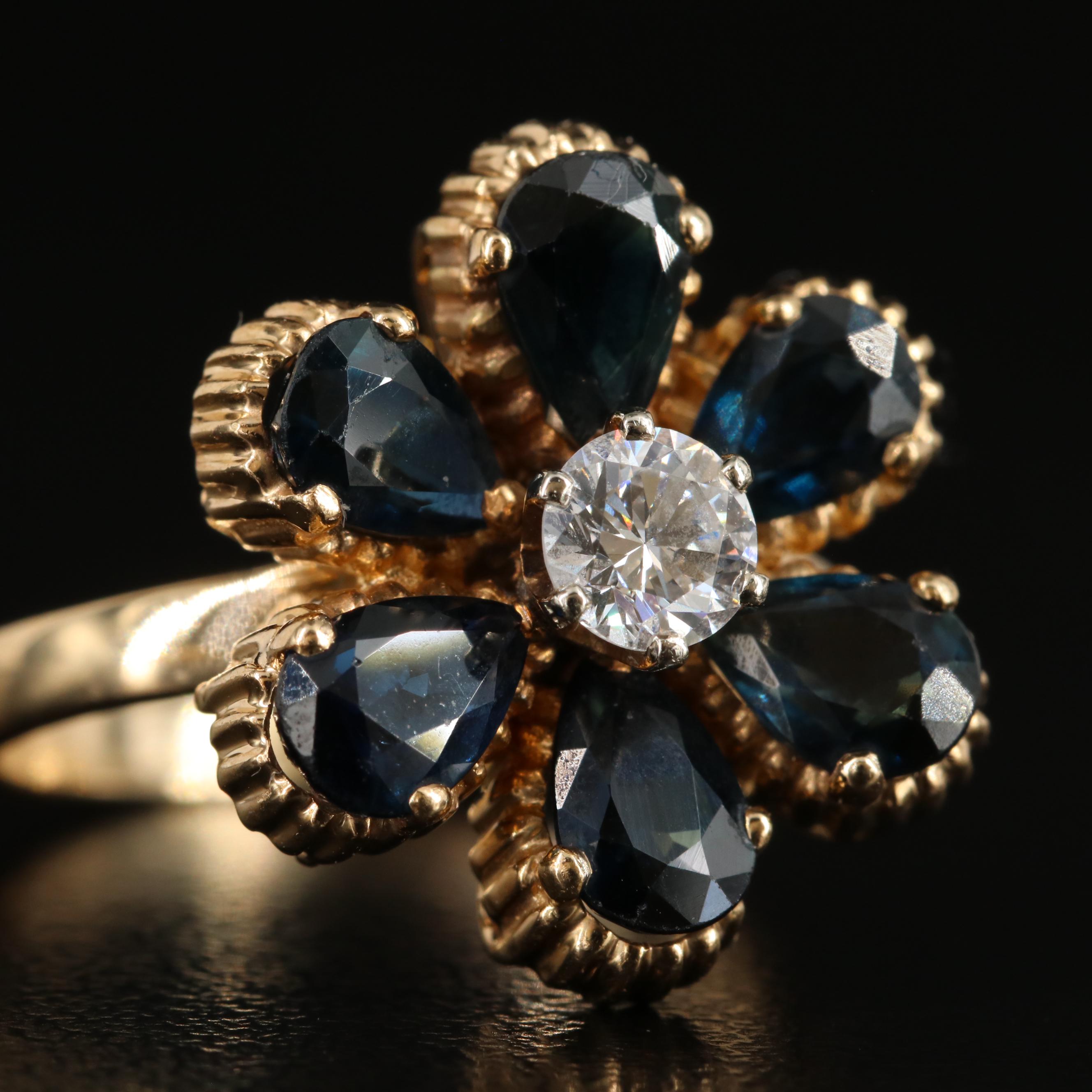 14K Diamond and Sapphire Flower Ring