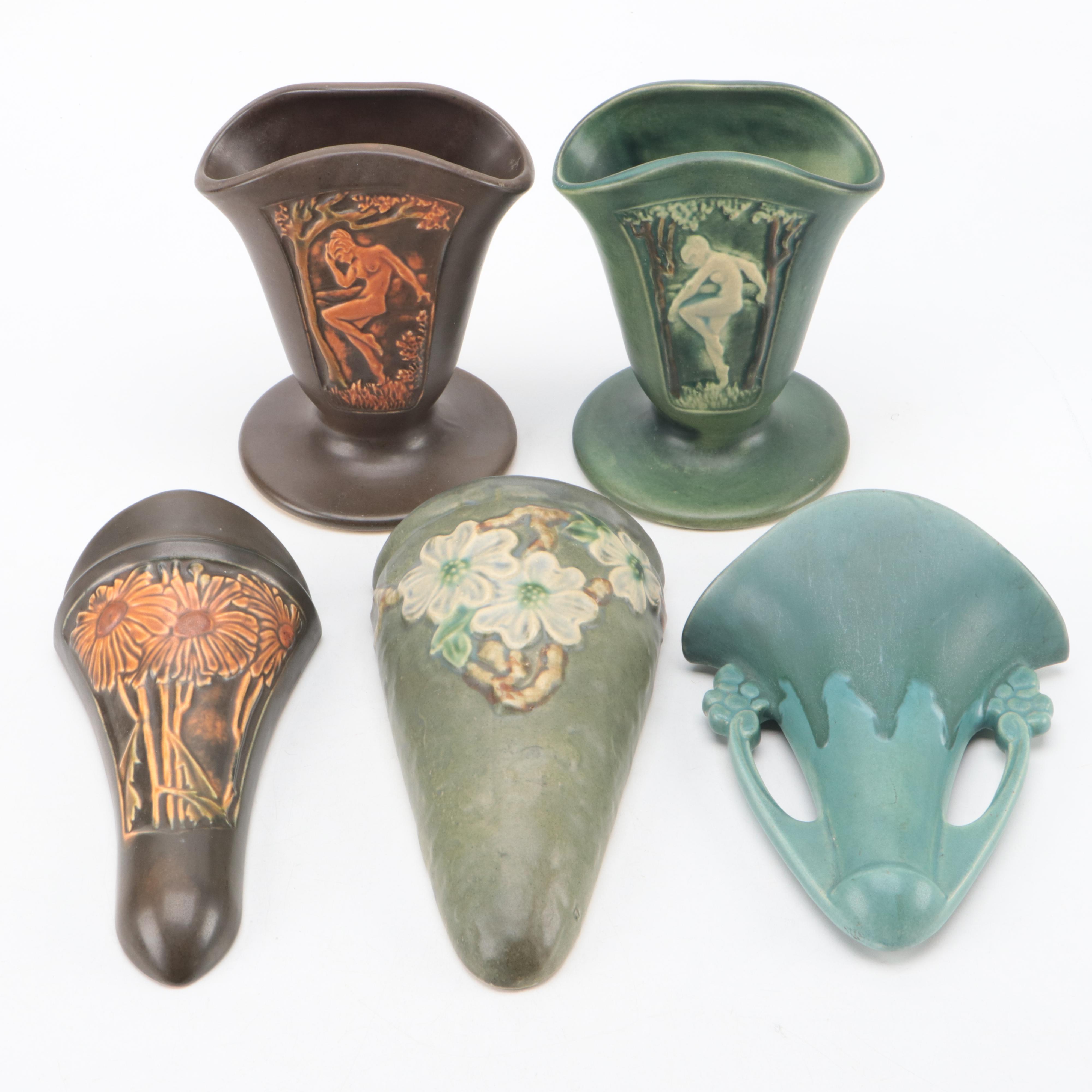 Roseville Pottery Ceramic Wall Pockets and "Rosecraft" Panel Vases