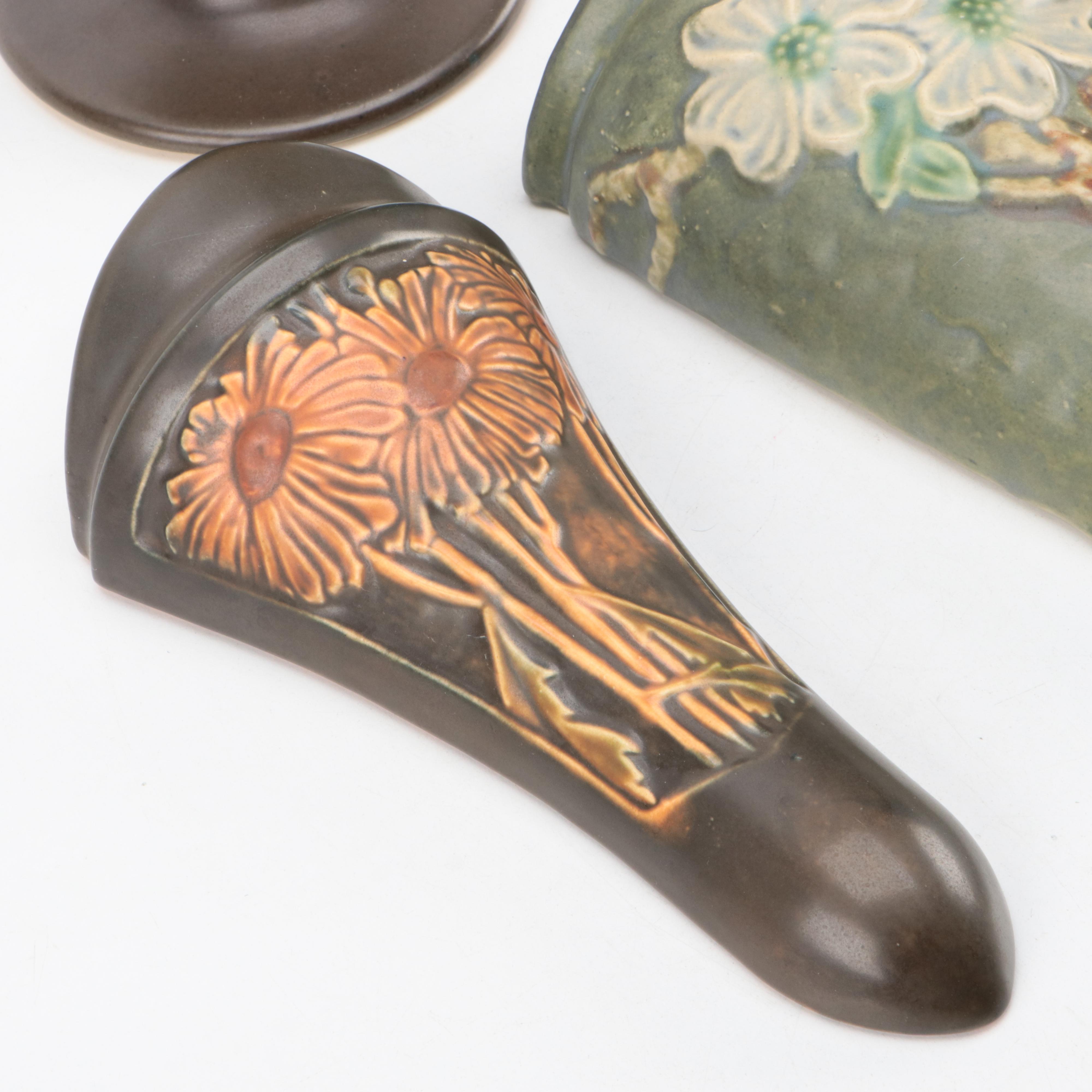 Roseville Pottery Ceramic Wall Pockets and "Rosecraft" Panel Vases