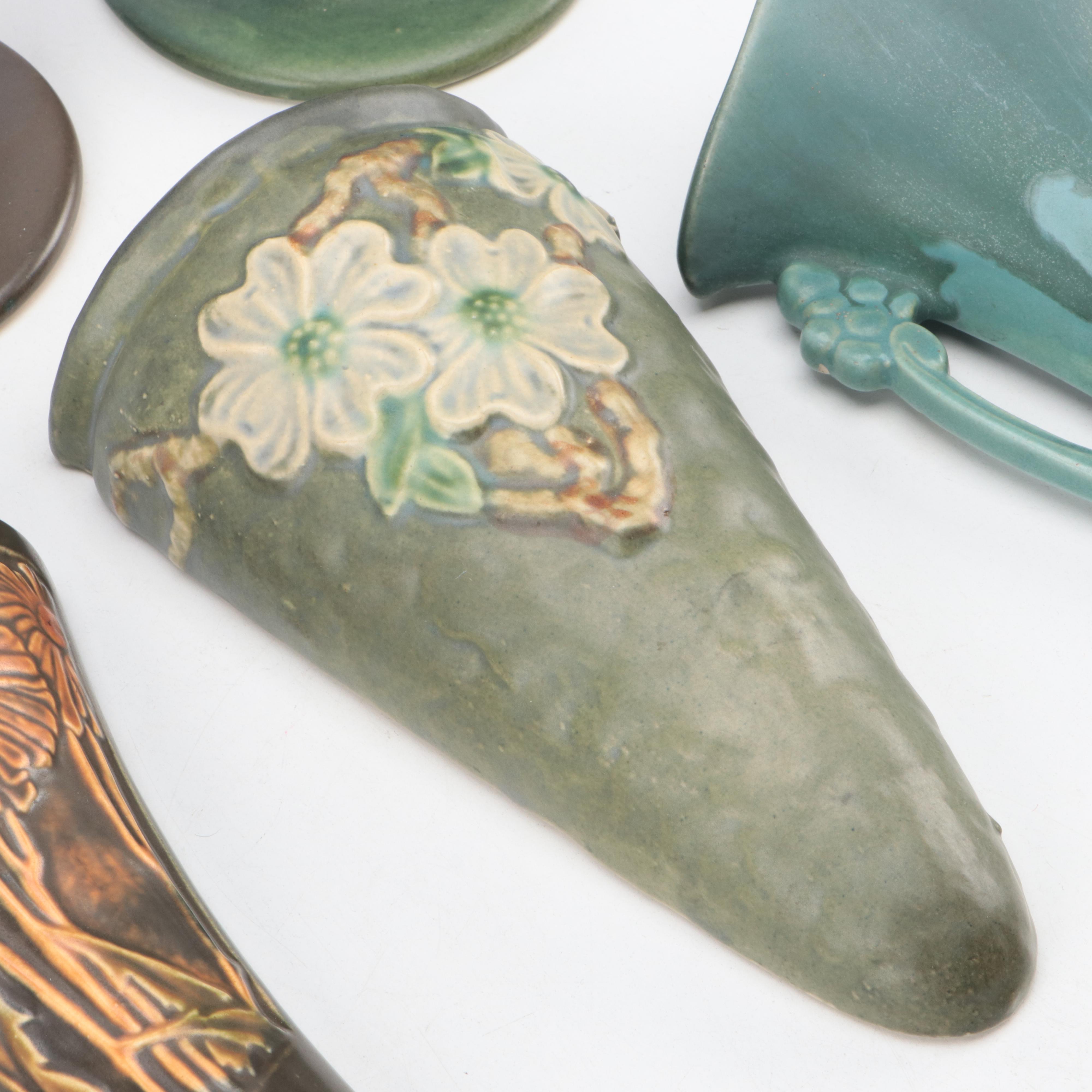 Roseville Pottery Ceramic Wall Pockets and "Rosecraft" Panel Vases