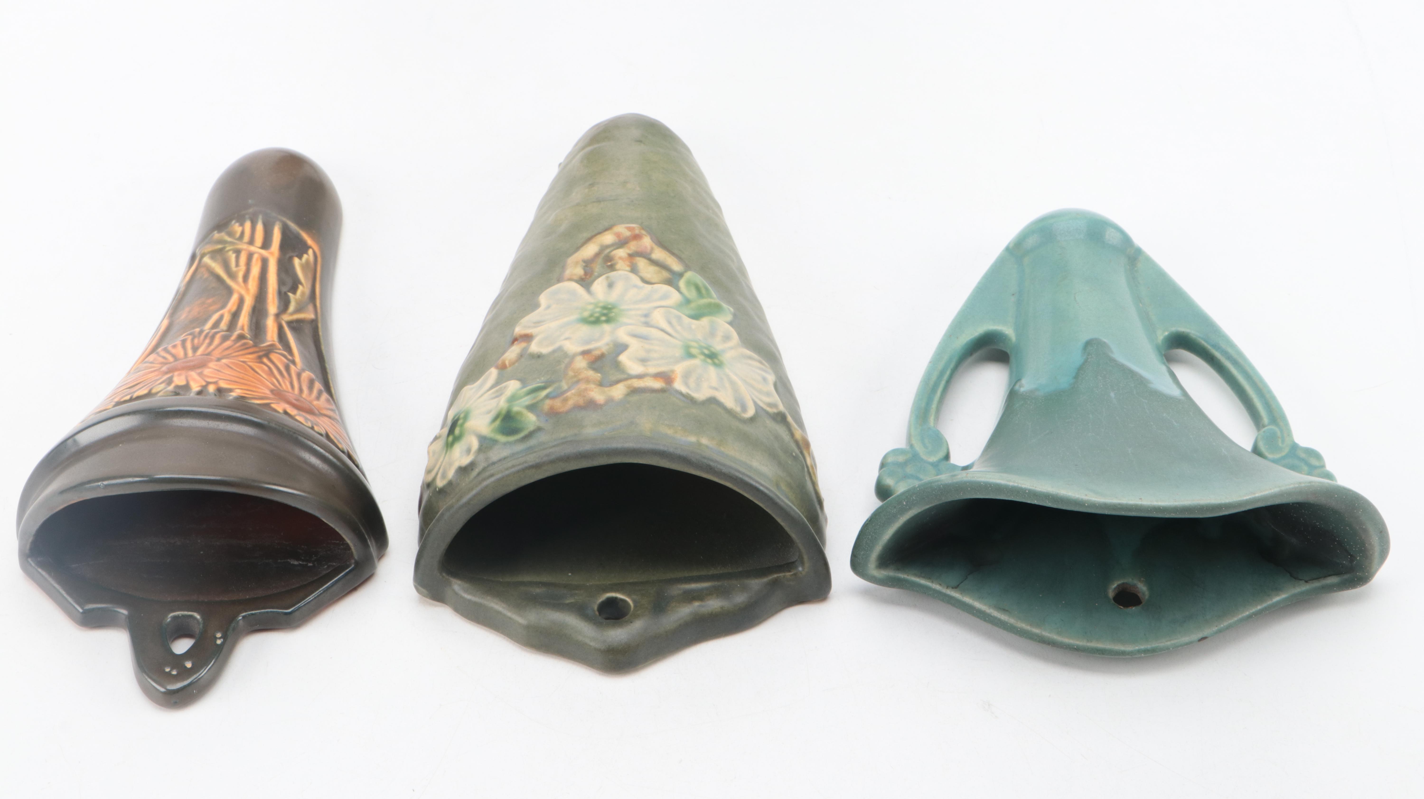 Roseville Pottery Ceramic Wall Pockets and "Rosecraft" Panel Vases