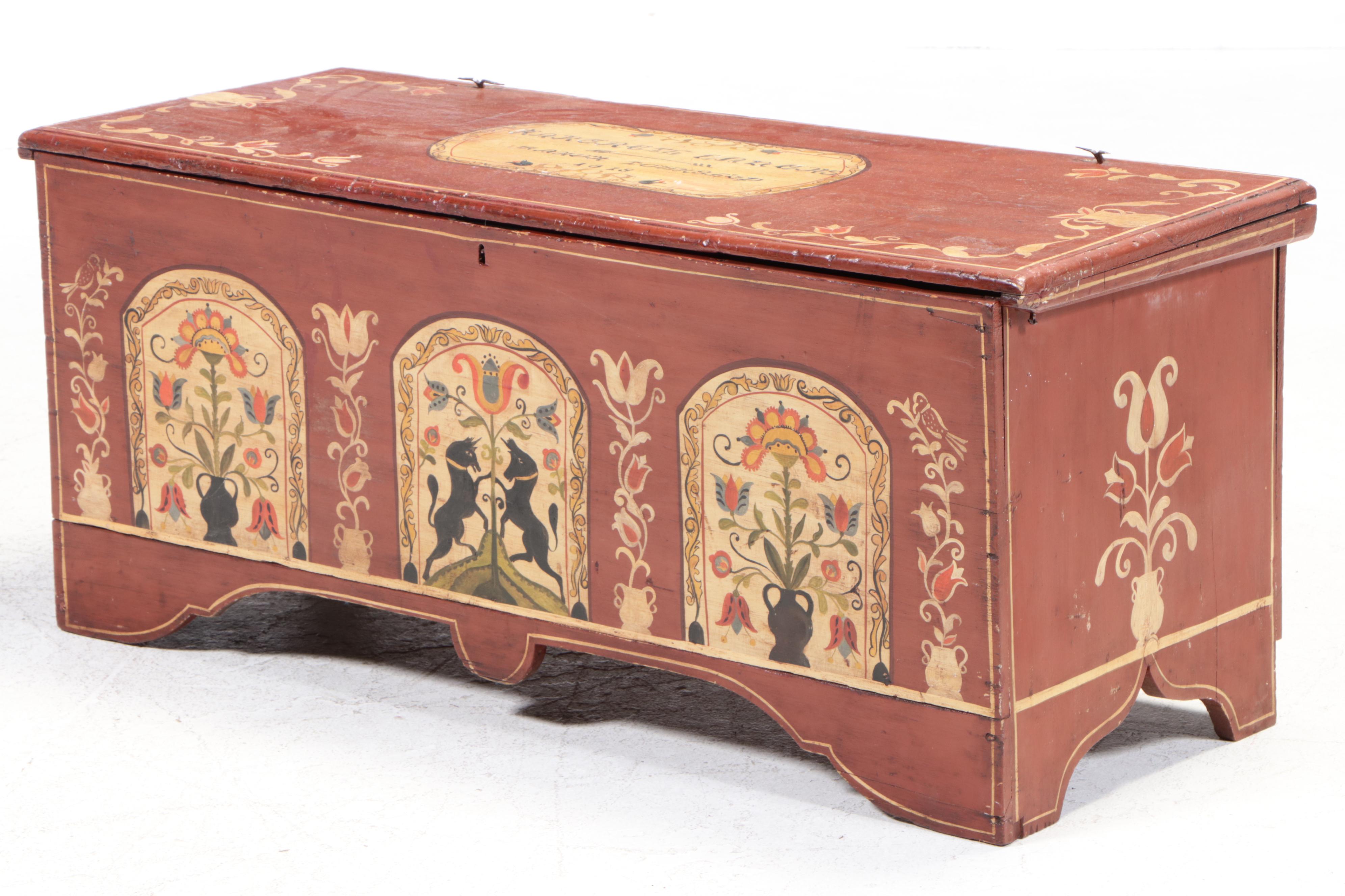 American Primitive Pine Blanket Chest in Later Pennsylvania Dutch Style Paint