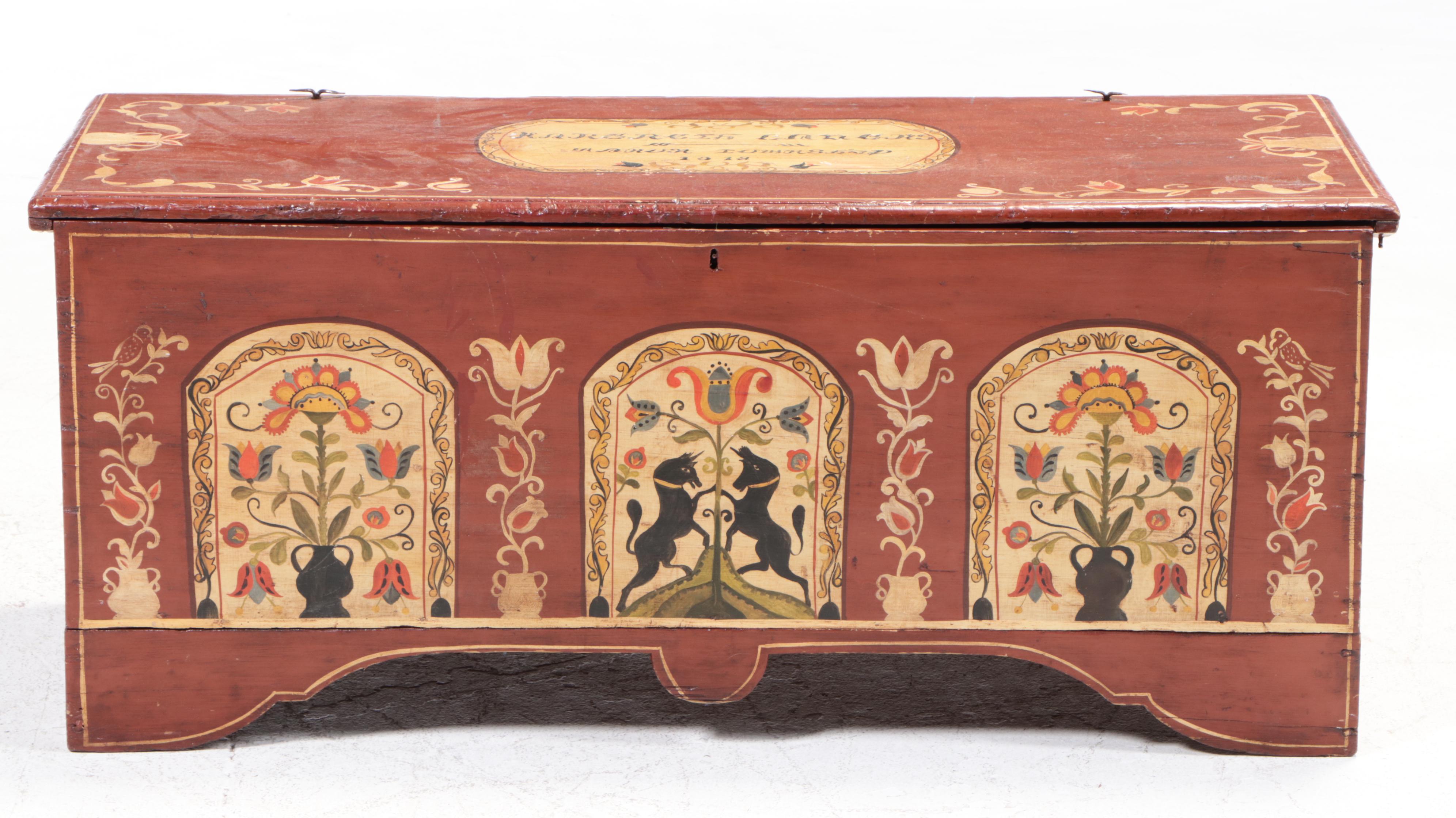 American Primitive Pine Blanket Chest in Later Pennsylvania Dutch Style Paint