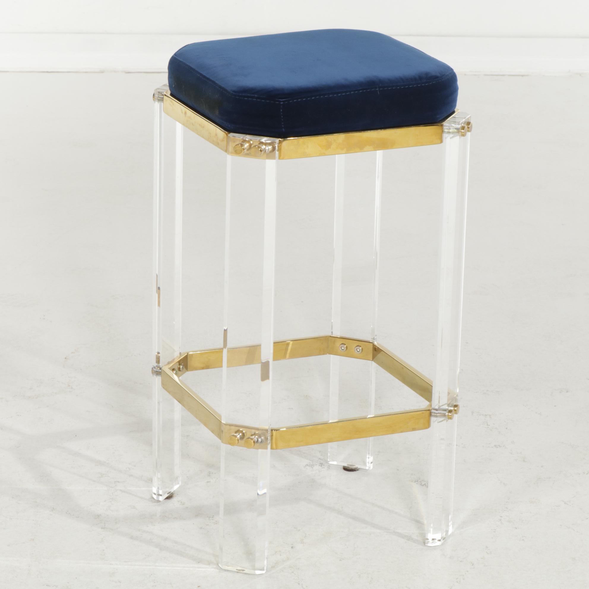 Worlds Away Contemporary Acrylic, Brass and Upholstered Stool