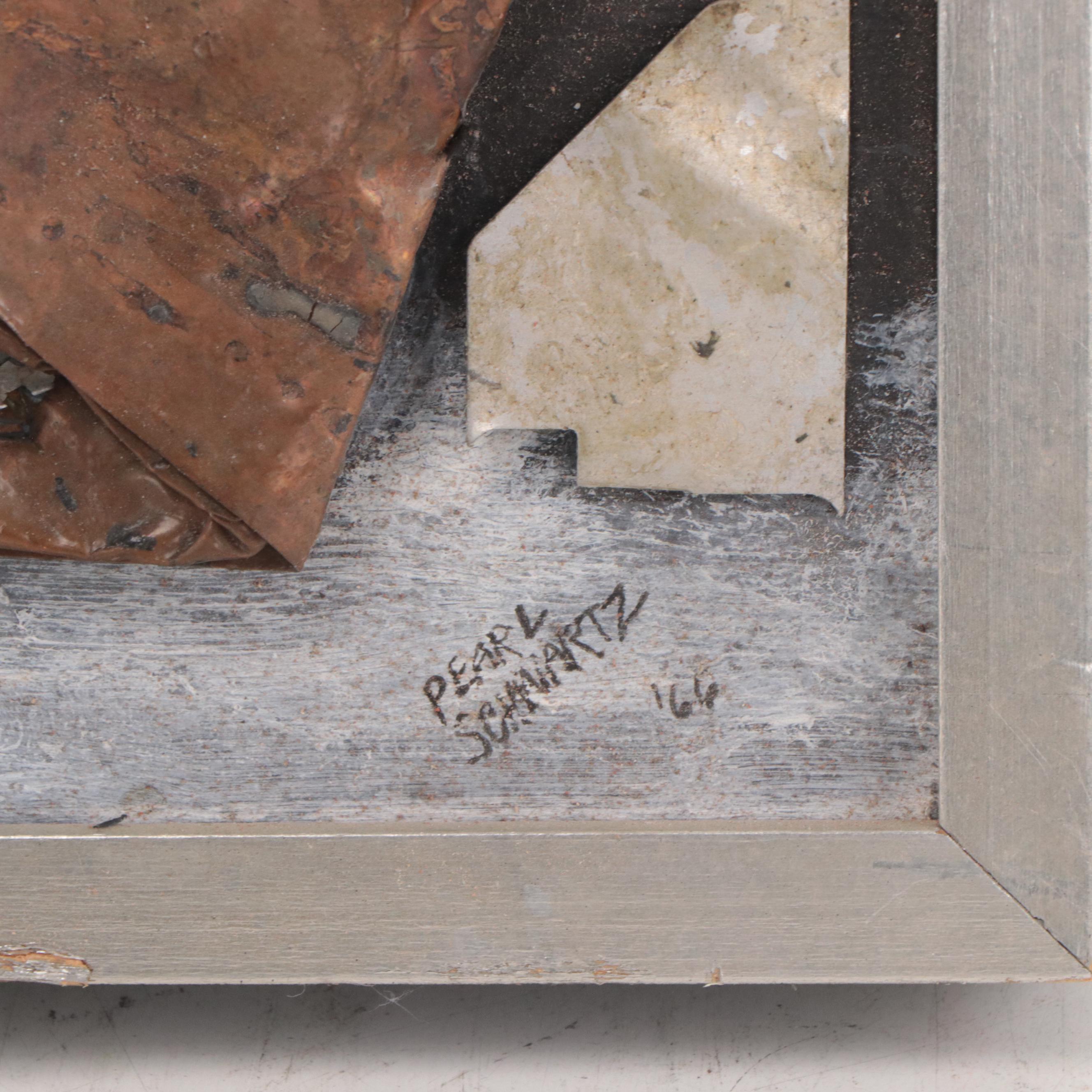 Pearl Schwartz Mixed Media Collage "Girl Walking Dog," 1966