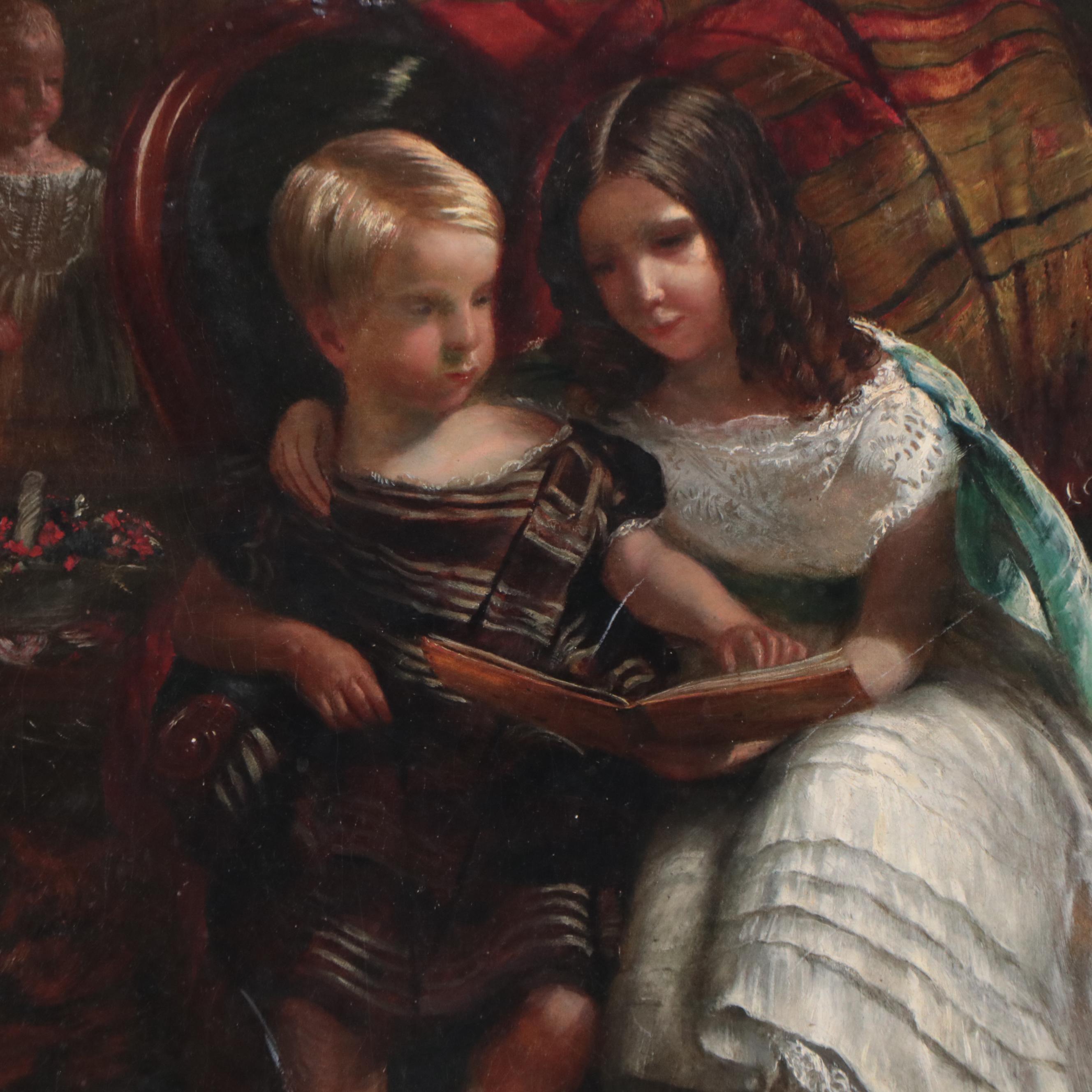 Oil Painting of Victorian Children Reading, Late 19th Century