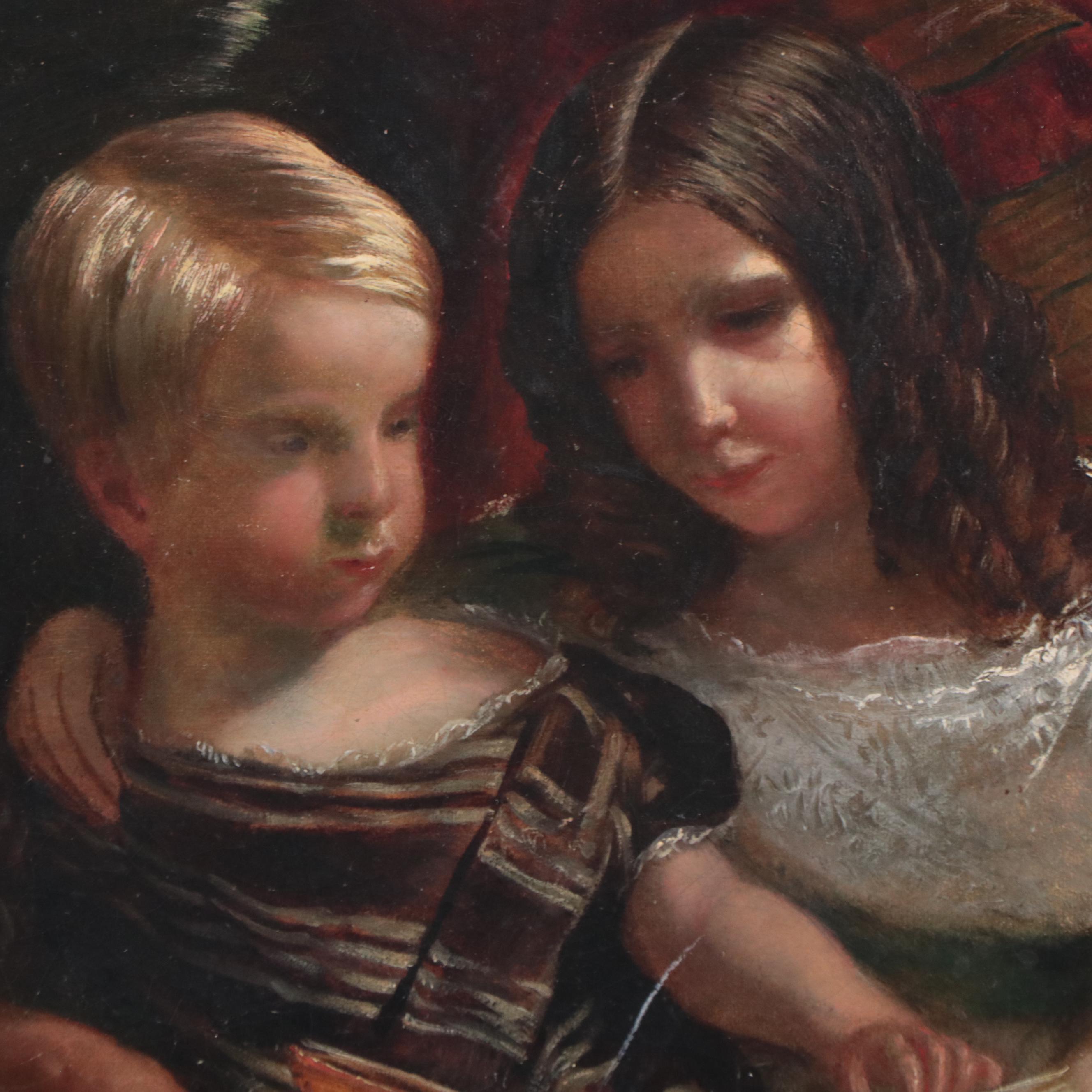 Oil Painting of Victorian Children Reading, Late 19th Century