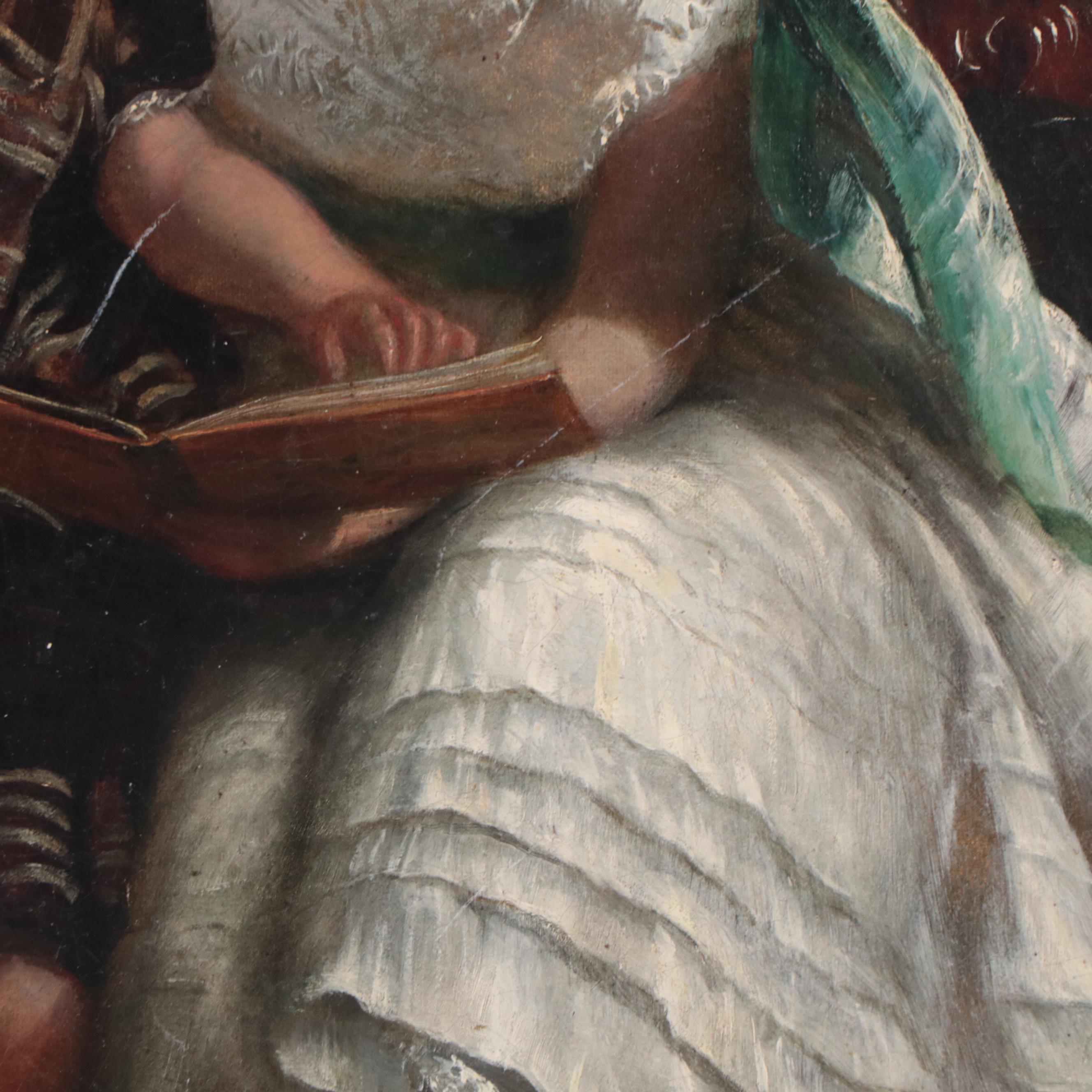 Oil Painting of Victorian Children Reading, Late 19th Century