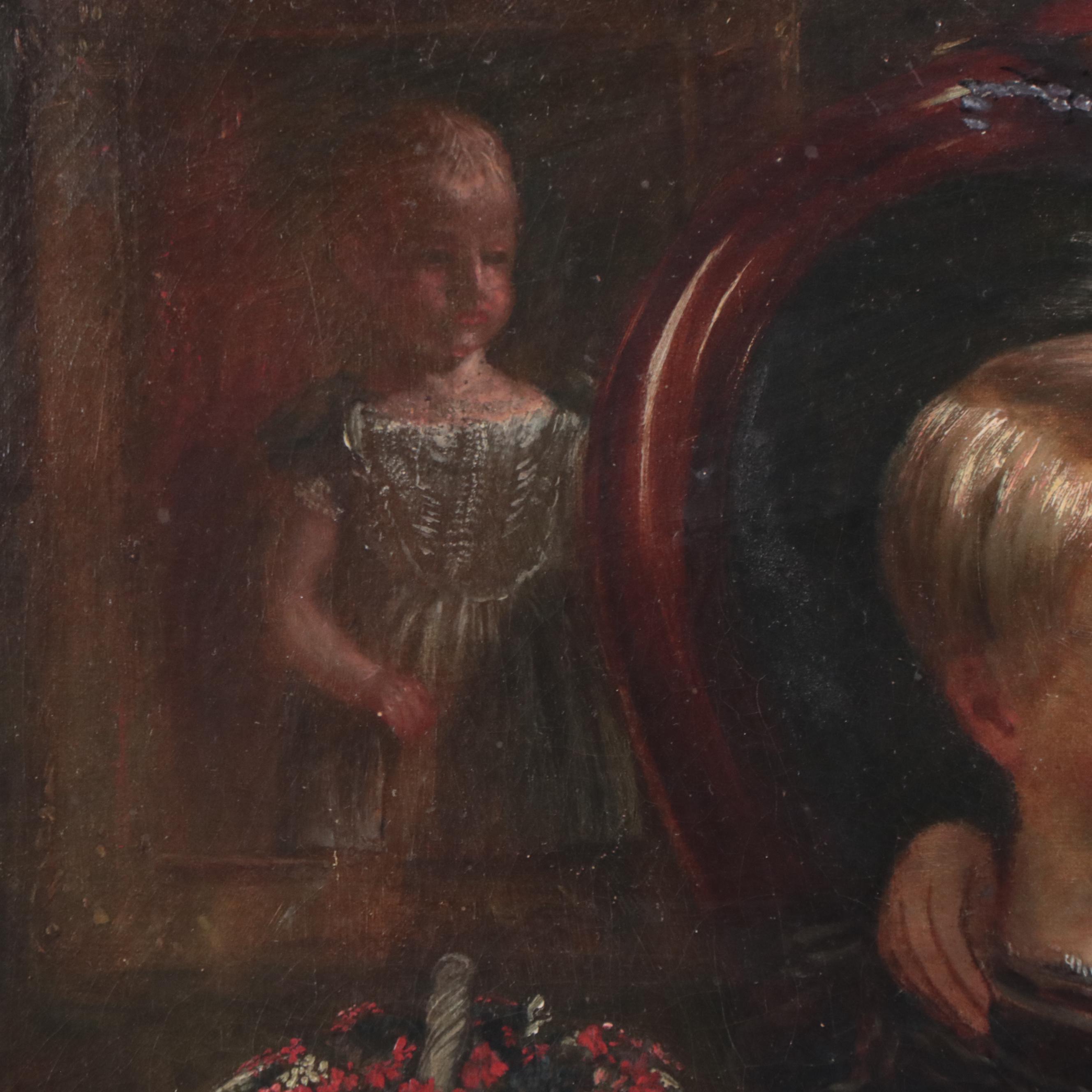 Oil Painting of Victorian Children Reading, Late 19th Century