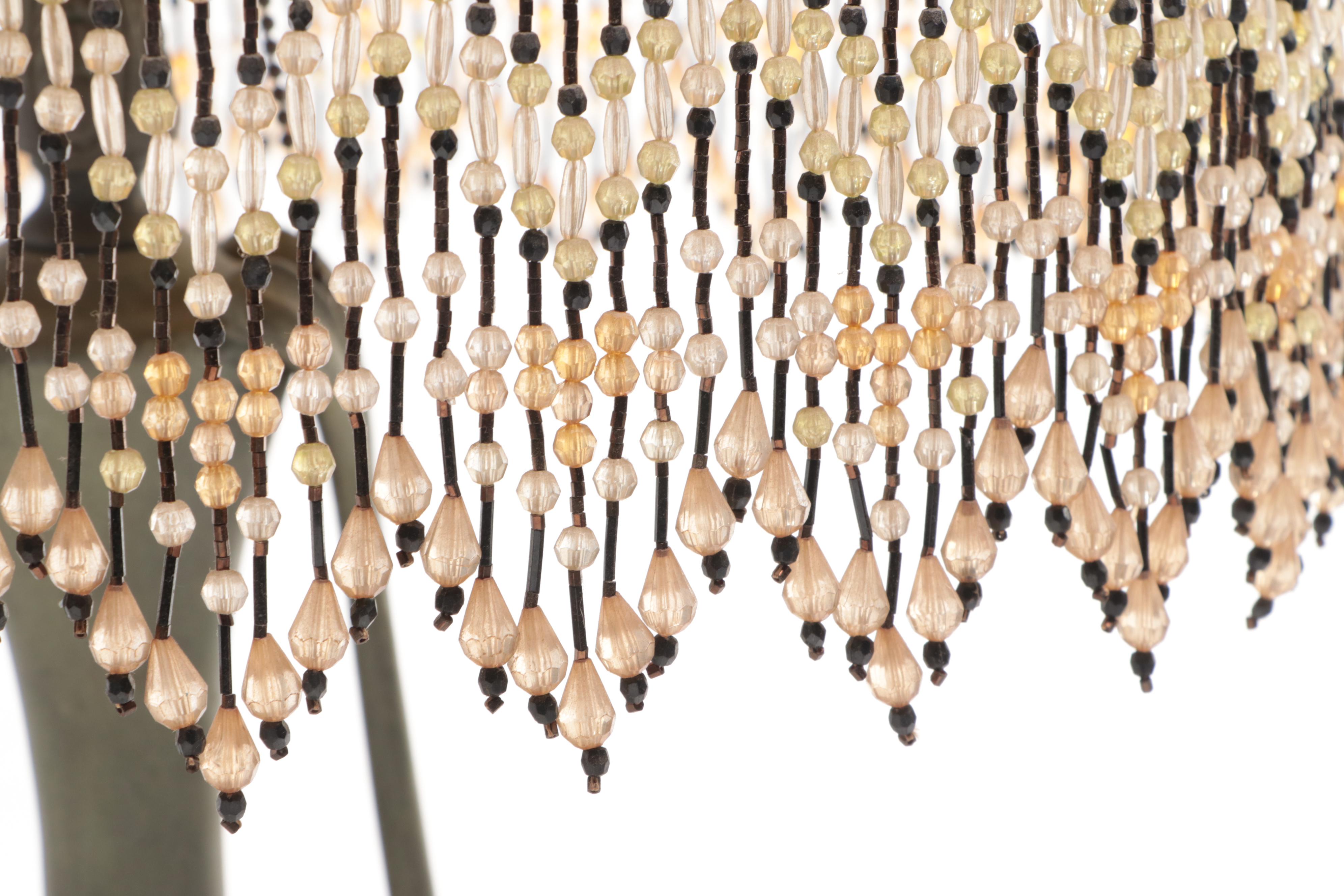 Art Nouveau Bent Slag Glass Panel and Beaded Table Lamp