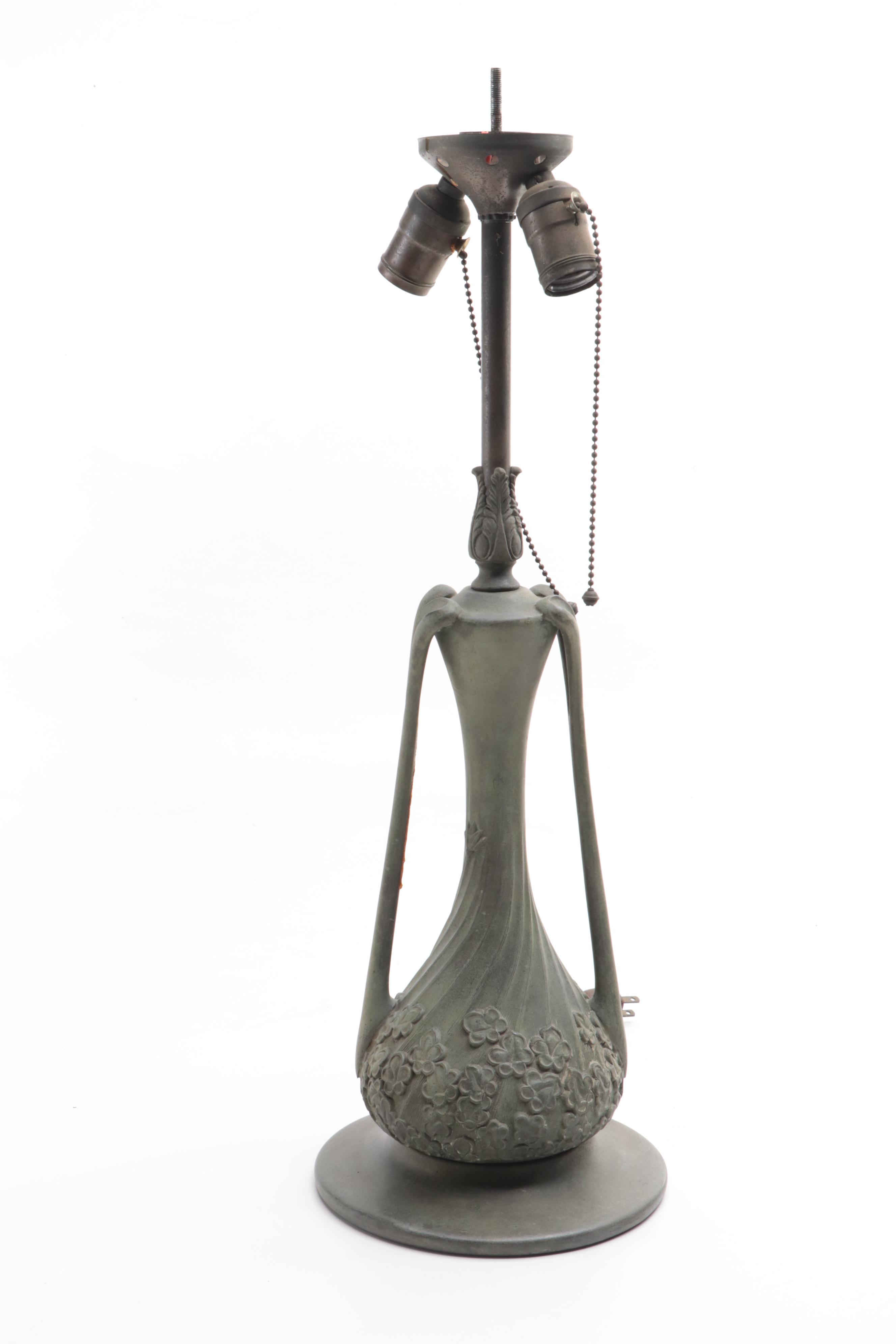 Art Nouveau Bent Slag Glass Panel and Beaded Table Lamp