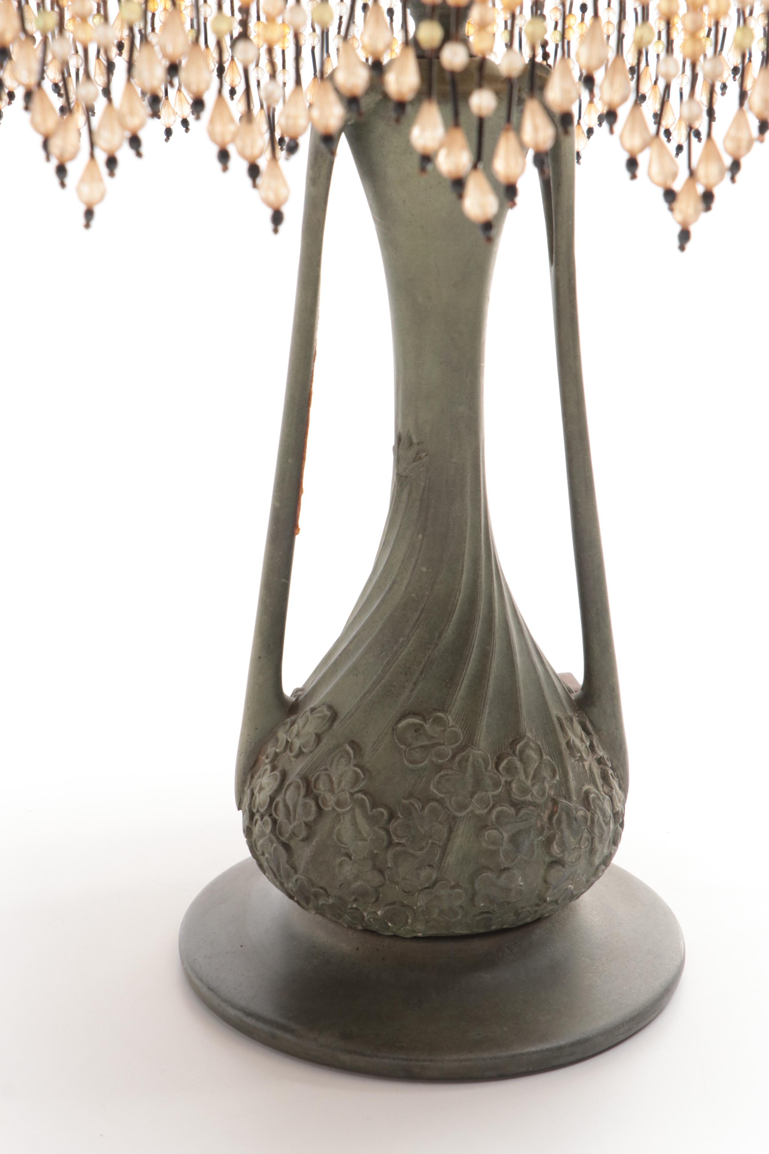 Art Nouveau Bent Slag Glass Panel and Beaded Table Lamp